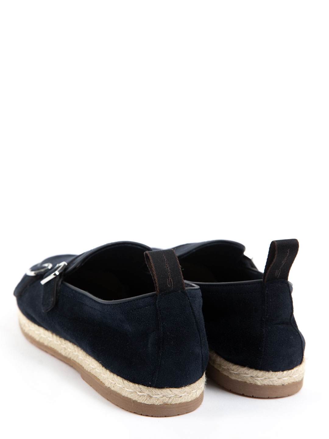 Монки темно-синие замшевые с двумя пряжками и подошвой с плетеным джутовым кантом. — купить в интернет-магазине Verdistore