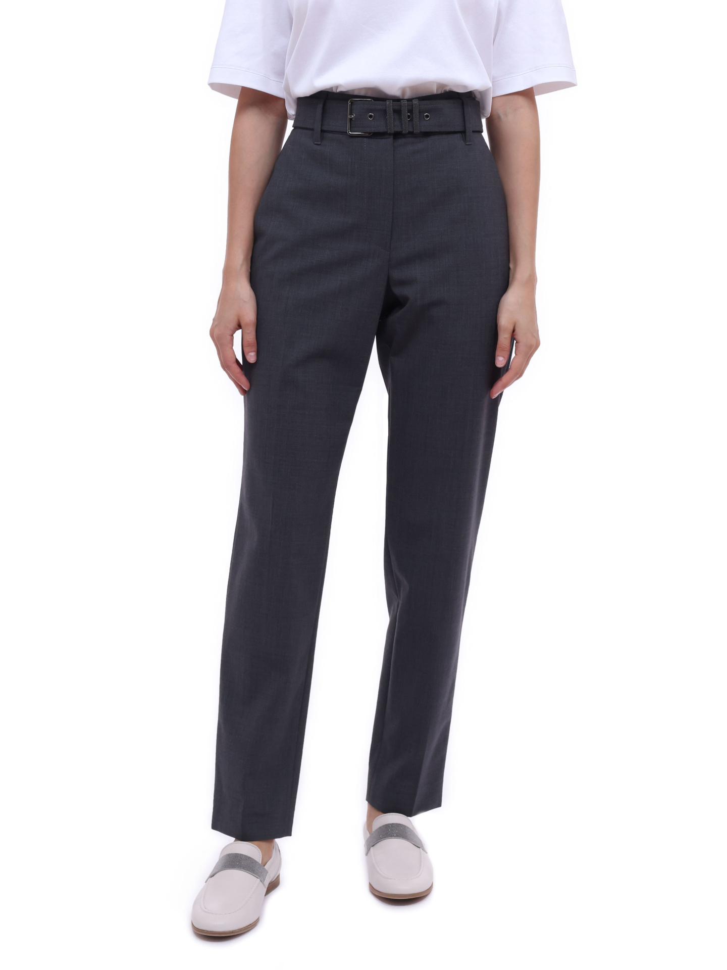 Брюки Brunello Cucinelli M0W07P7465 C4078 серые женские с поясом — купить в интернет-магазине Verdistore