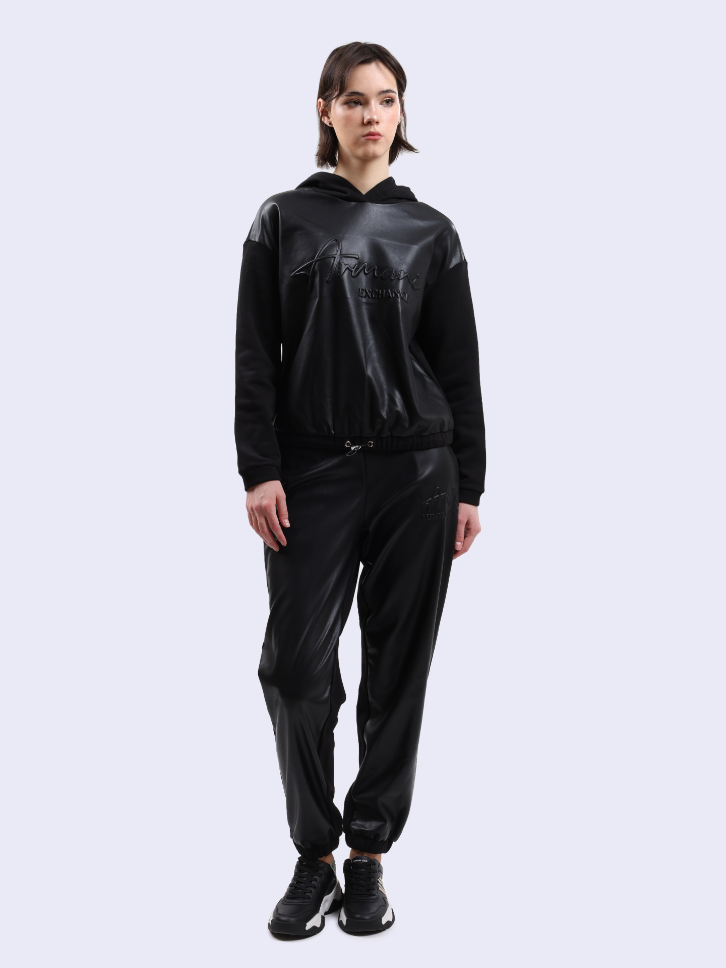 Худи Armani Exchange 6DYM91 YJFLZ 1200 черное женское с кожаной вставкой — купить в интернет-магазине Verdistore