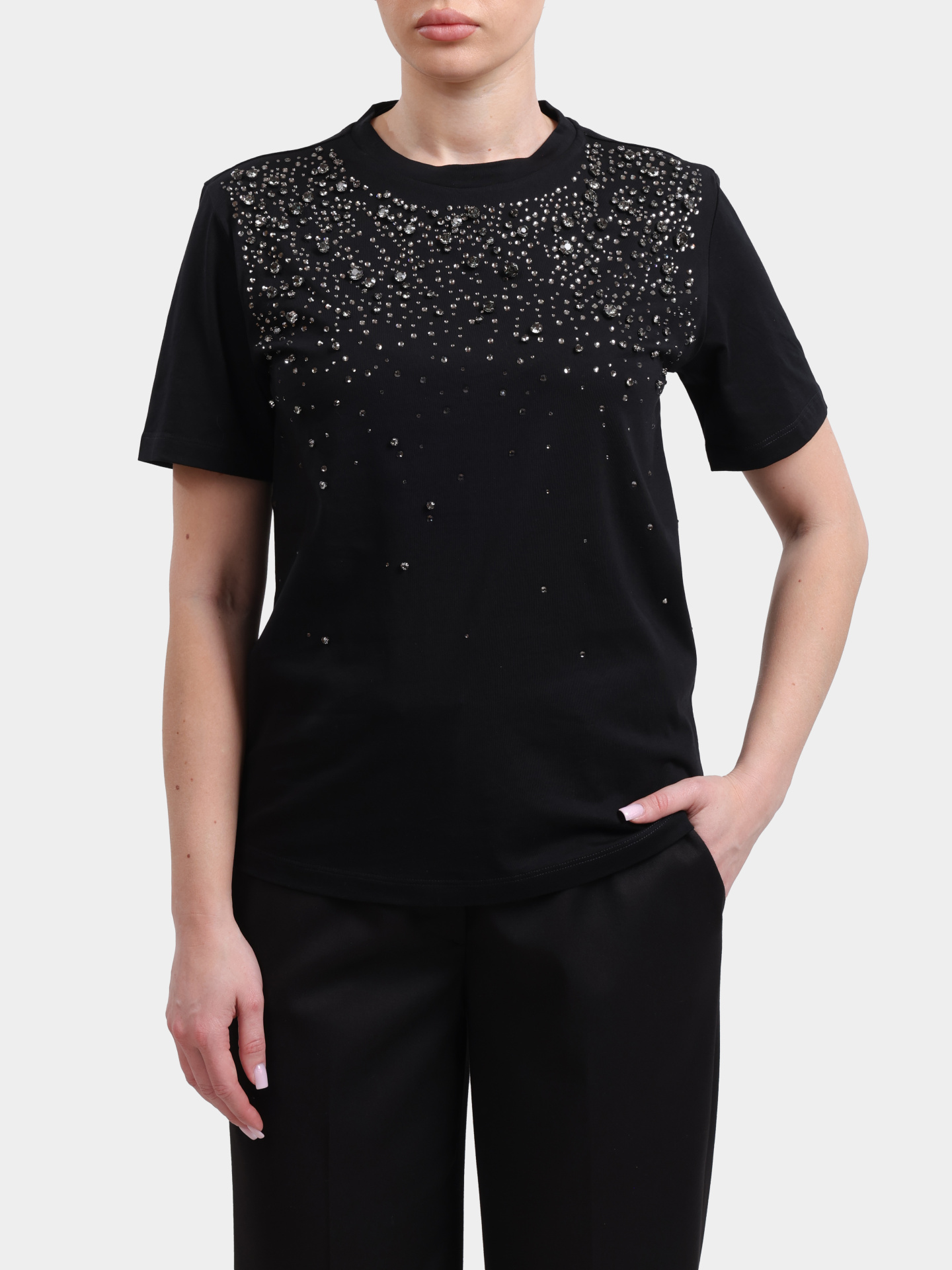 Футболка Liu-Jo BLACK LABEL CA6193 J3868 22222 черная женская украшенная стразами — купить в интернет-магазине Verdistore