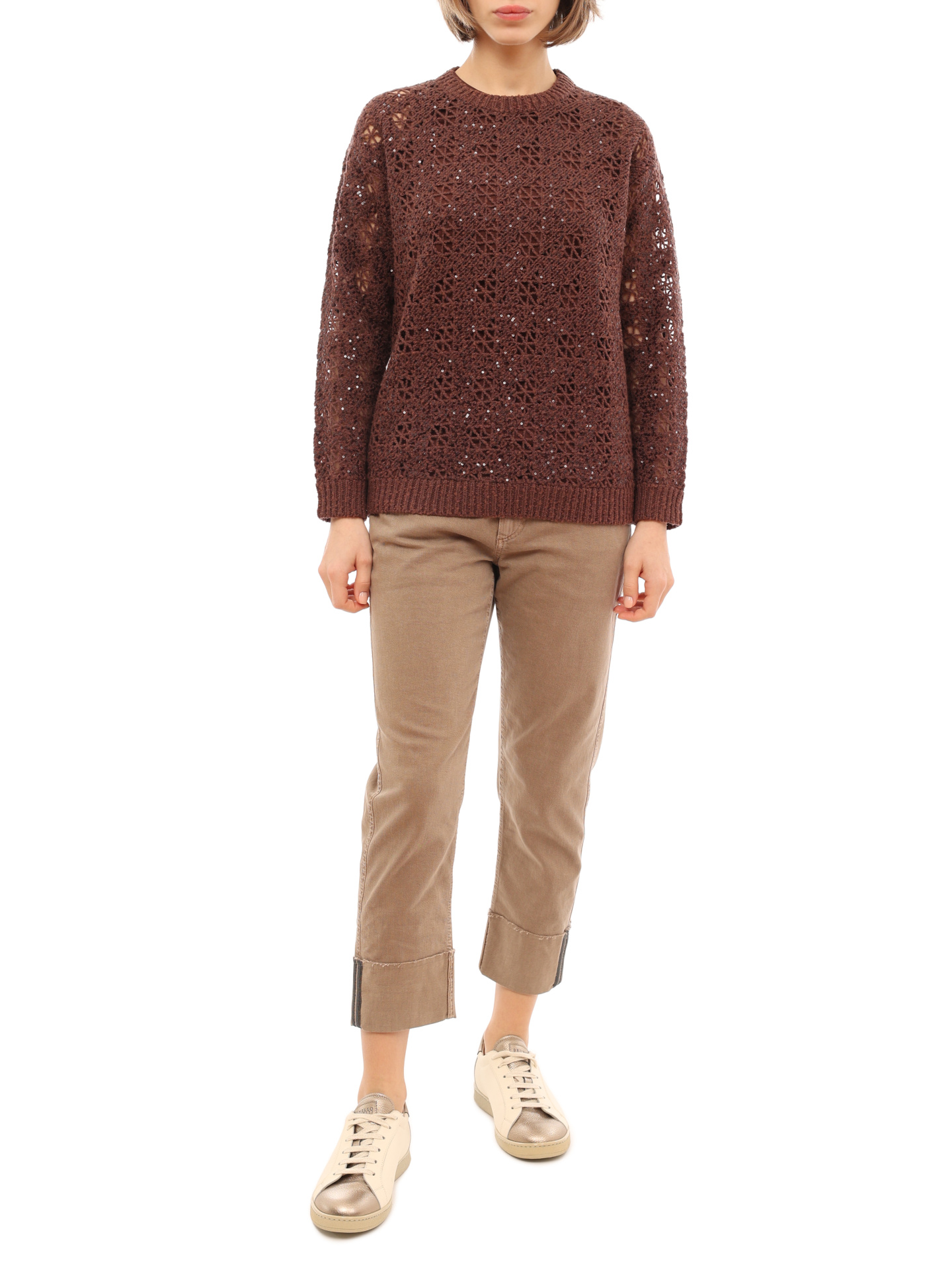 Джемпер Brunello Cucinelli M3PR00200 коричневый женский с пайетками — купить в интернет-магазине Verdistore
