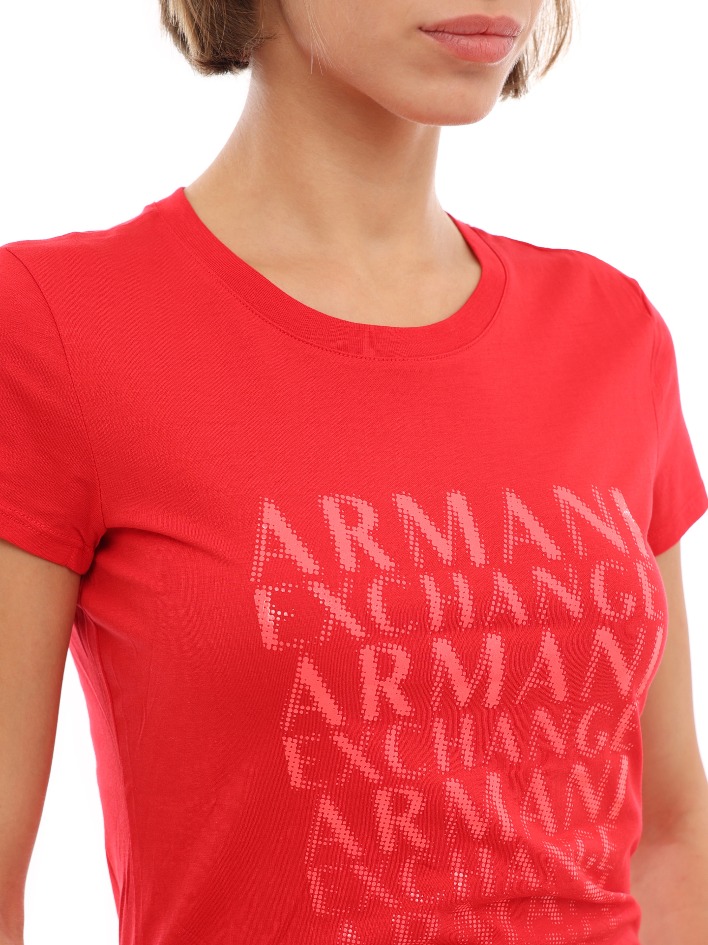 Футболка Armani Exchange 3LYTKM YJ16Z 14AC красная женская с логотипом — купить в интернет-магазине Verdistore