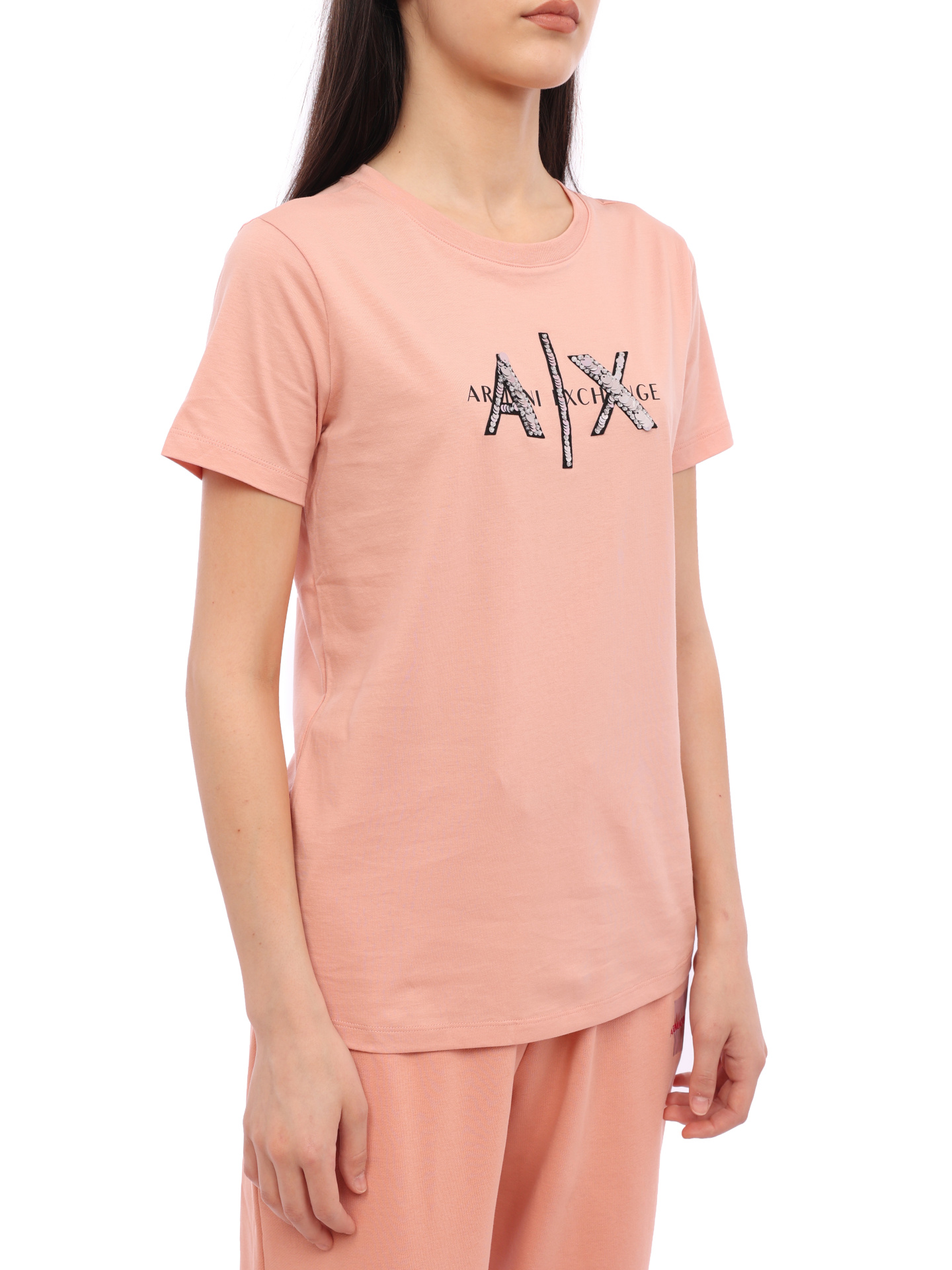 Футболка Armani Exchange 3RYTBQ YJG3Z 14AO персиковая женская с пайетками — купить в интернет-магазине Verdistore
