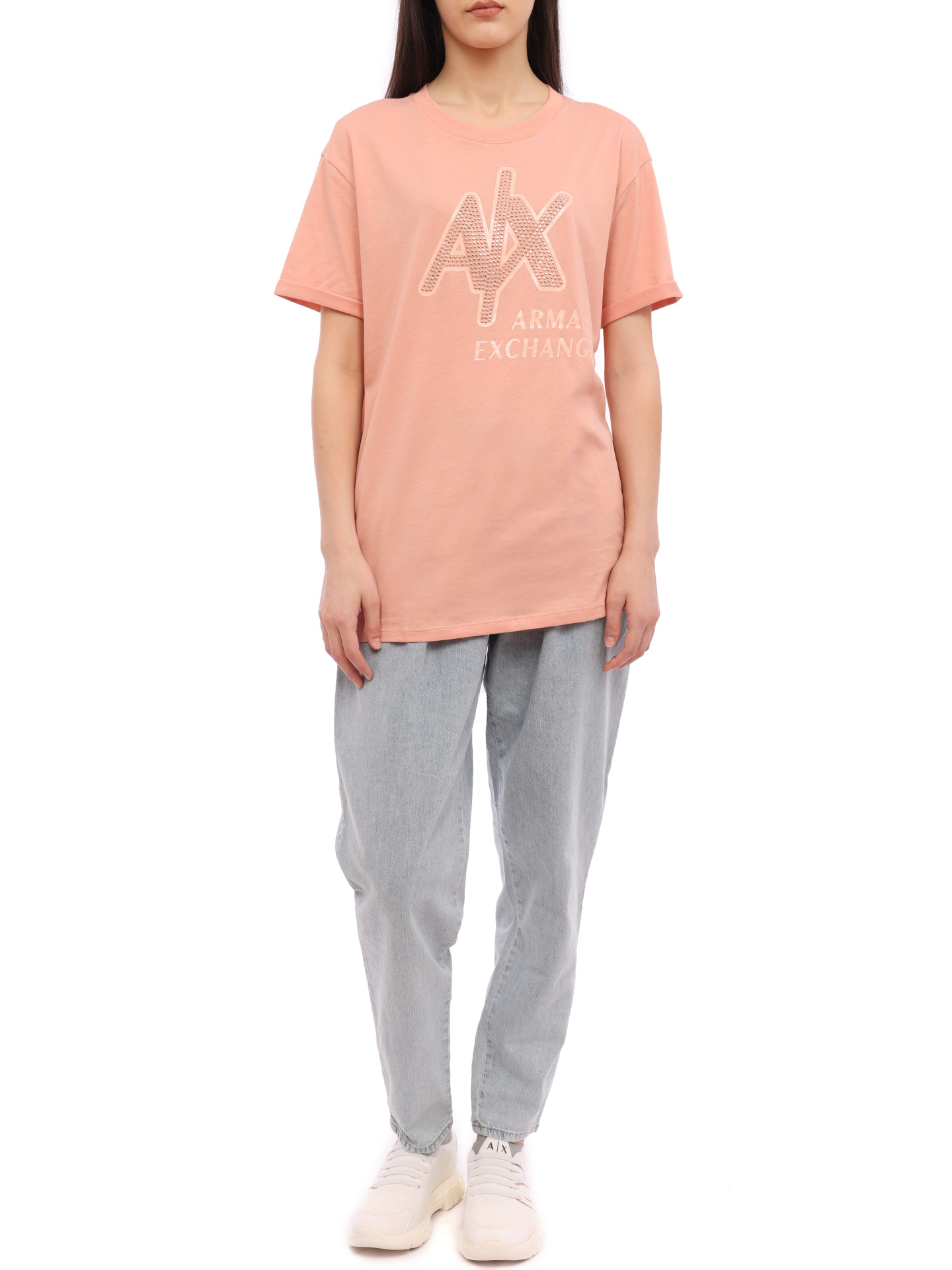 Футболка Armani Exchange 3RYTEC YJ3RZ 14AO персиковая женская со стразами — купить в интернет-магазине Verdistore