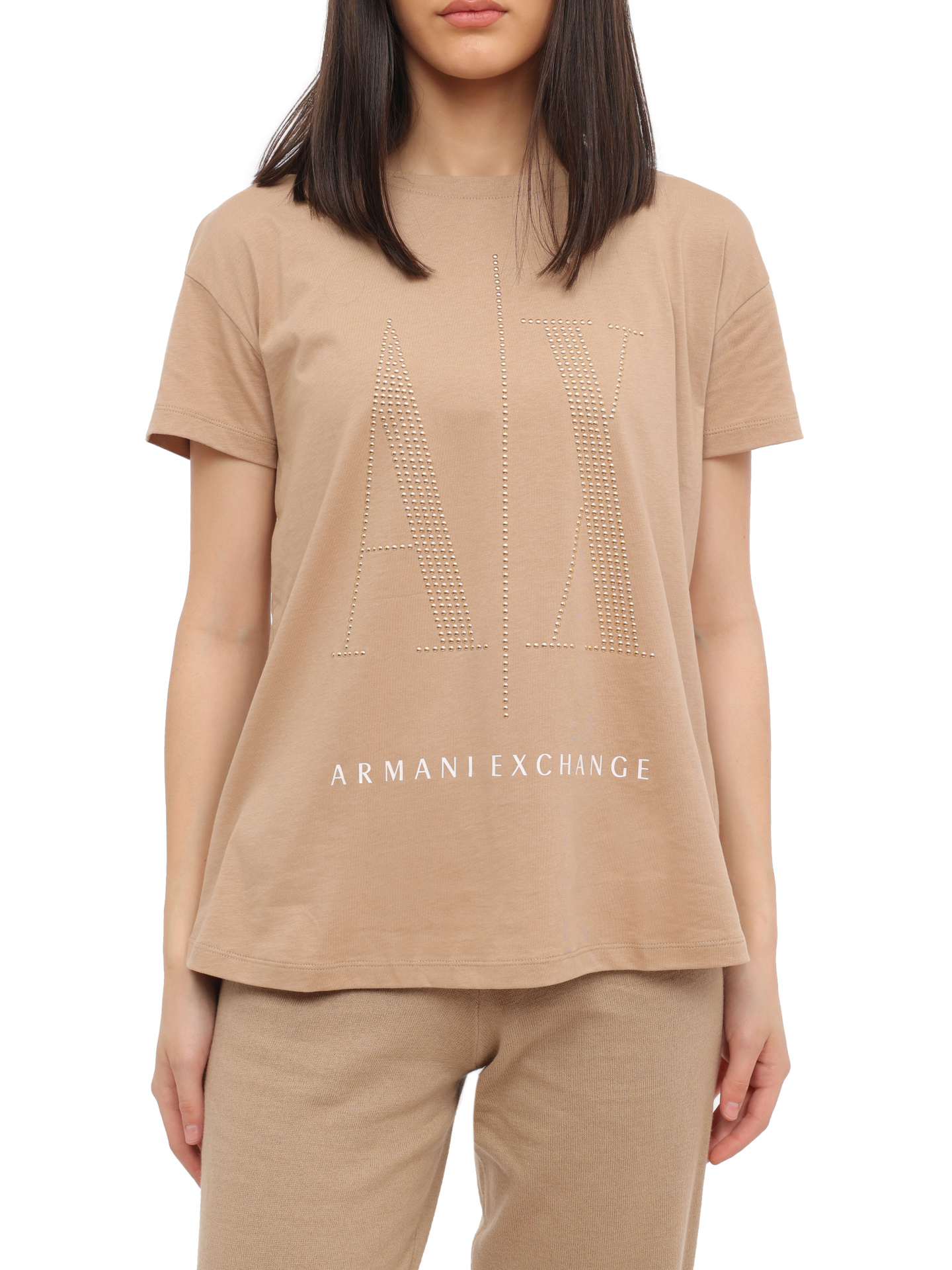 Футболка Armani Exchange 8NYTDX YJG3Z 0748 бежевая женская с логотипом — купить в интернет-магазине Verdistore