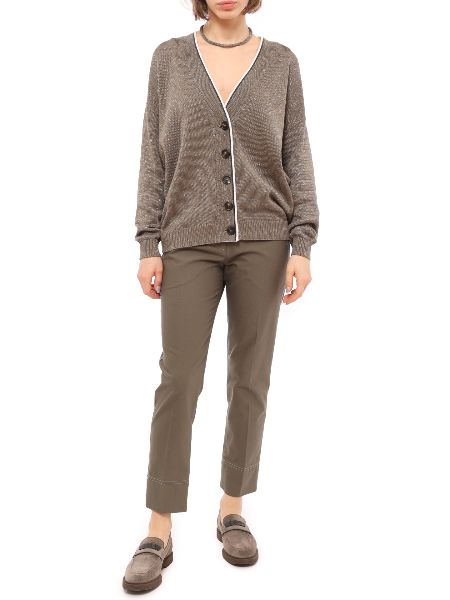 Брюки Brunello Cucinelli M0H40P6514 хаки женские с контрастной строчкой — купить в интернет-магазине Verdistore