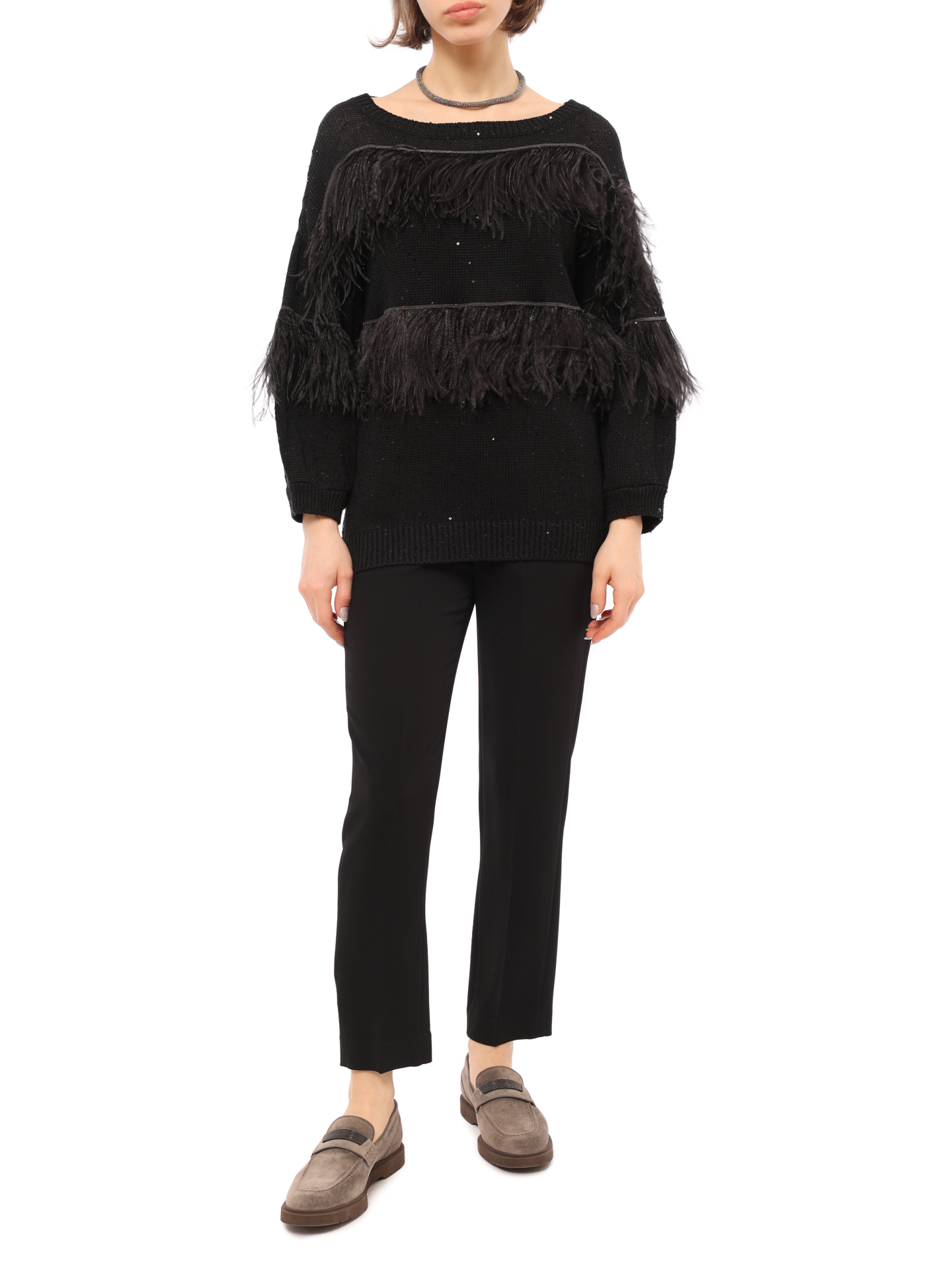 Брюки Brunello Cucinelli MA029P1673 черные женские с защипами — купить в интернет-магазине Verdistore