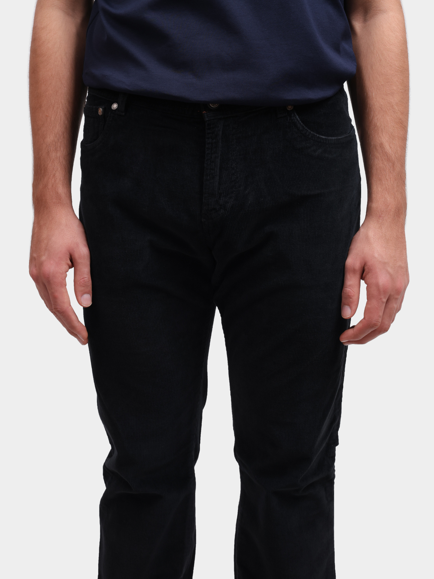 Брюки темно-синие хлопковые с поясом на пуговице — купить в интернет-магазине Verdistore