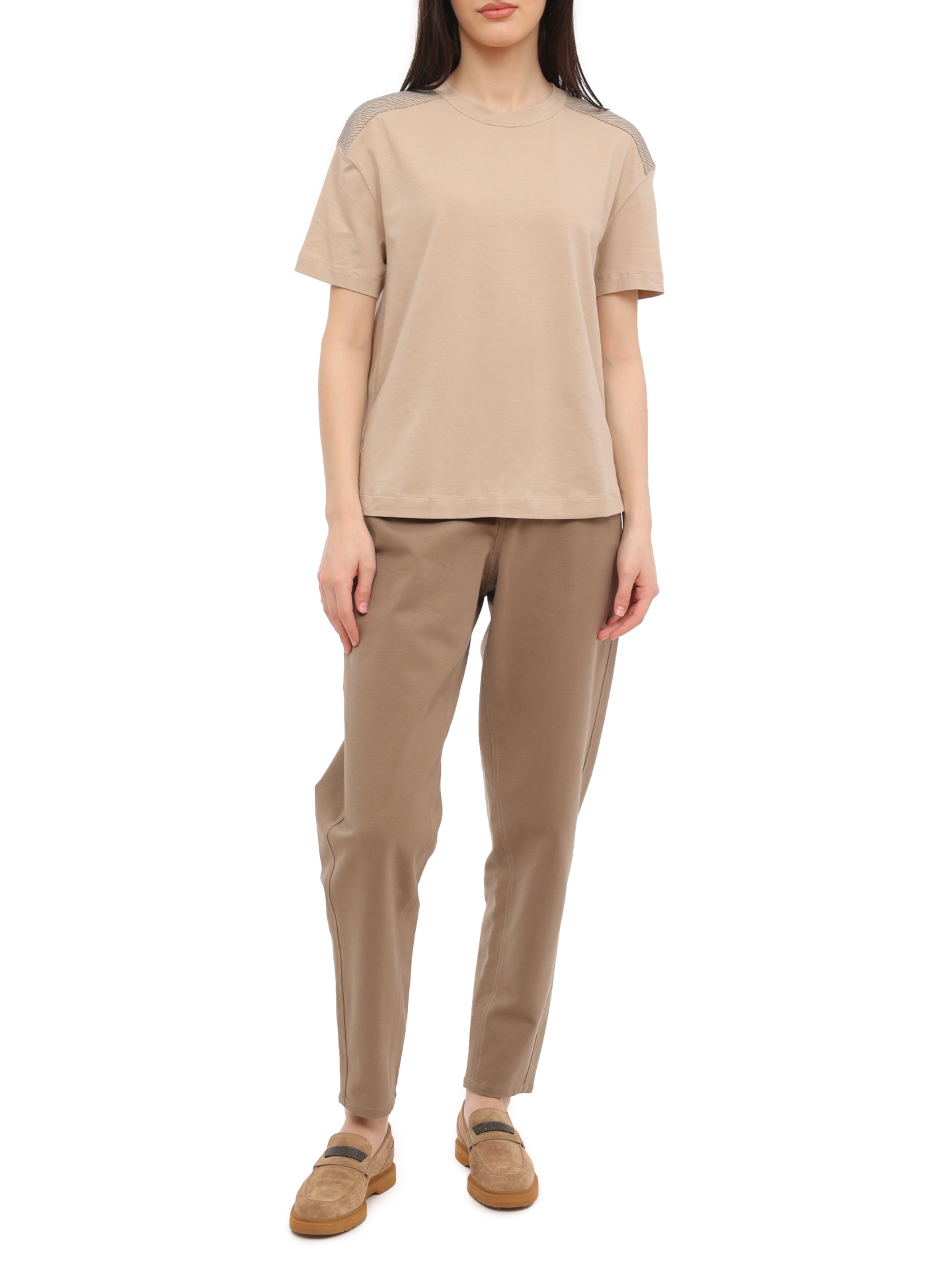 Брюки Brunello Cucinelli M0R24B1025 C8909 бежевые женские из хлопка — купить в интернет-магазине Verdistore