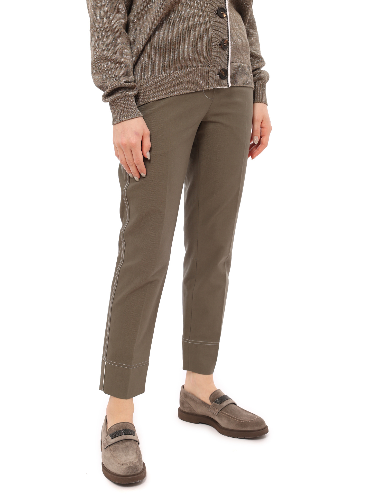 Брюки Brunello Cucinelli M0H40P6514 хаки женские с контрастной строчкой — купить в интернет-магазине Verdistore
