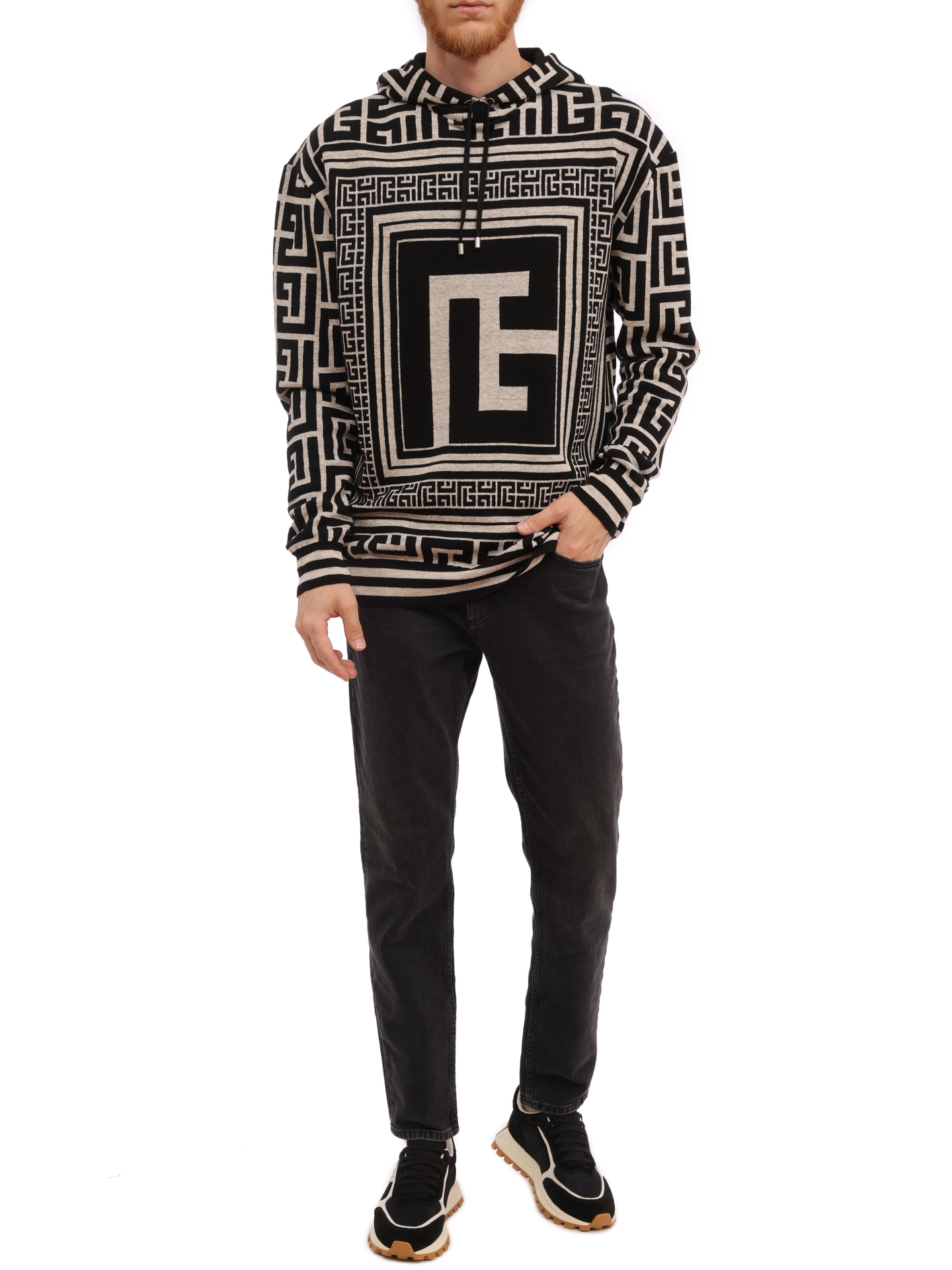 Худи Balmain BH1JR072KE82 GFE черно-белое мужское с принтом — купить в интернет-магазине Verdistore