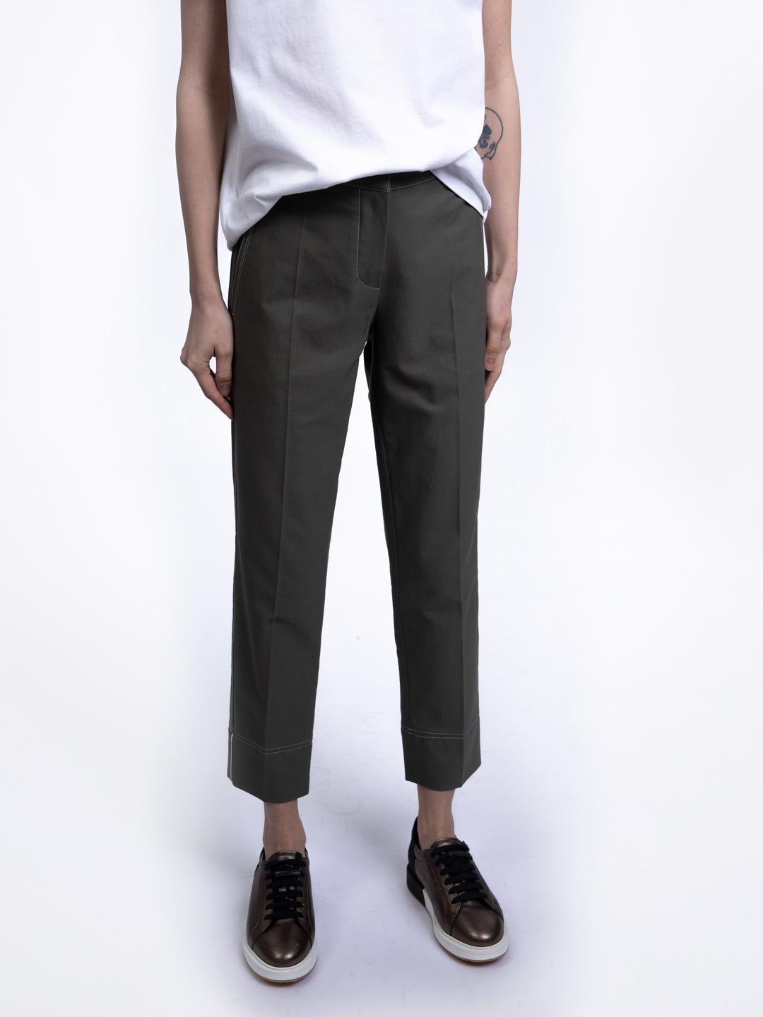 Брюки Brunello Cucinelli M0H40P6514 хаки женские с контрастной строчкой — купить в интернет-магазине Verdistore