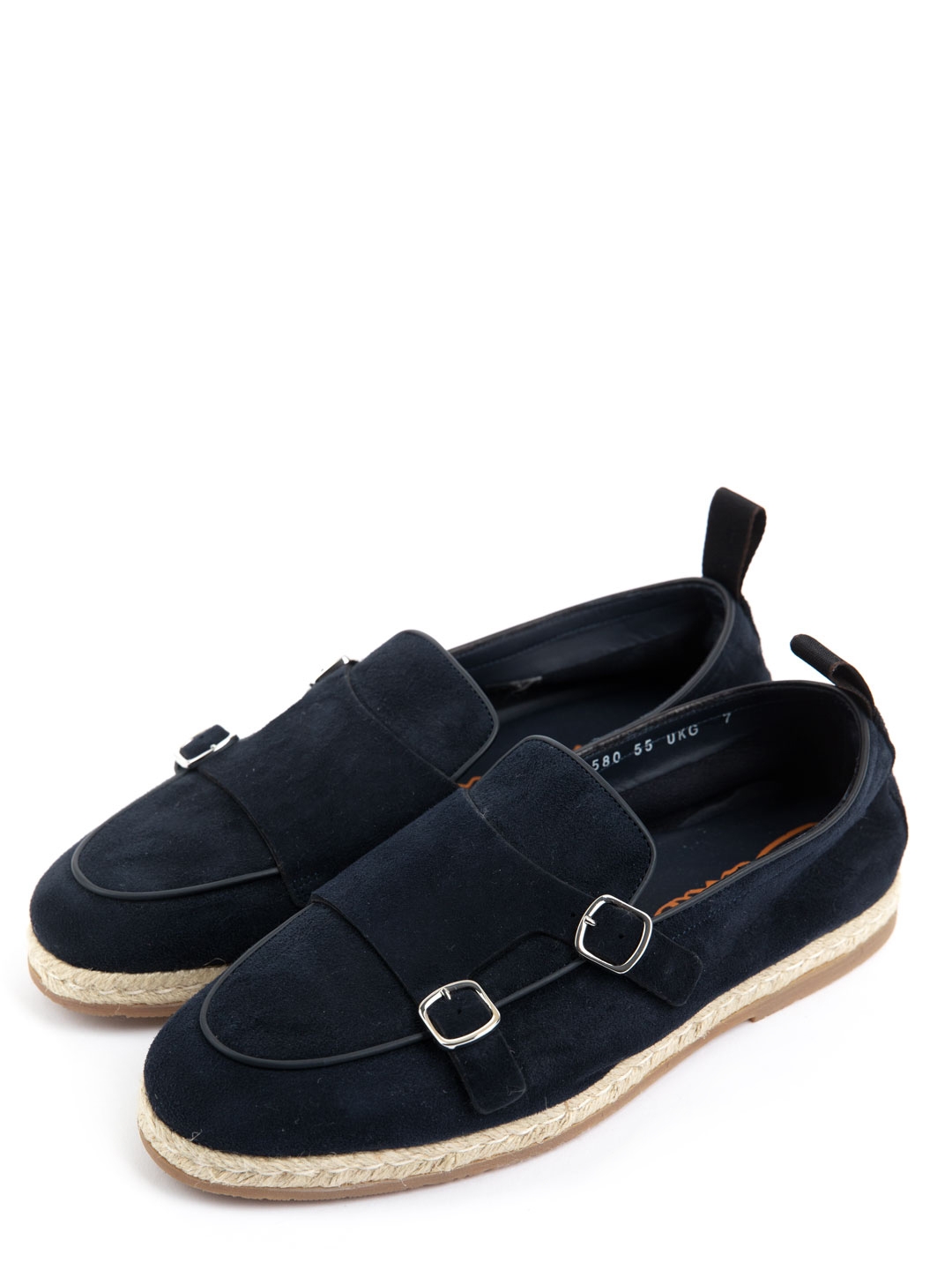 Монки темно-синие замшевые с двумя пряжками и подошвой с плетеным джутовым кантом. — купить в интернет-магазине Verdistore