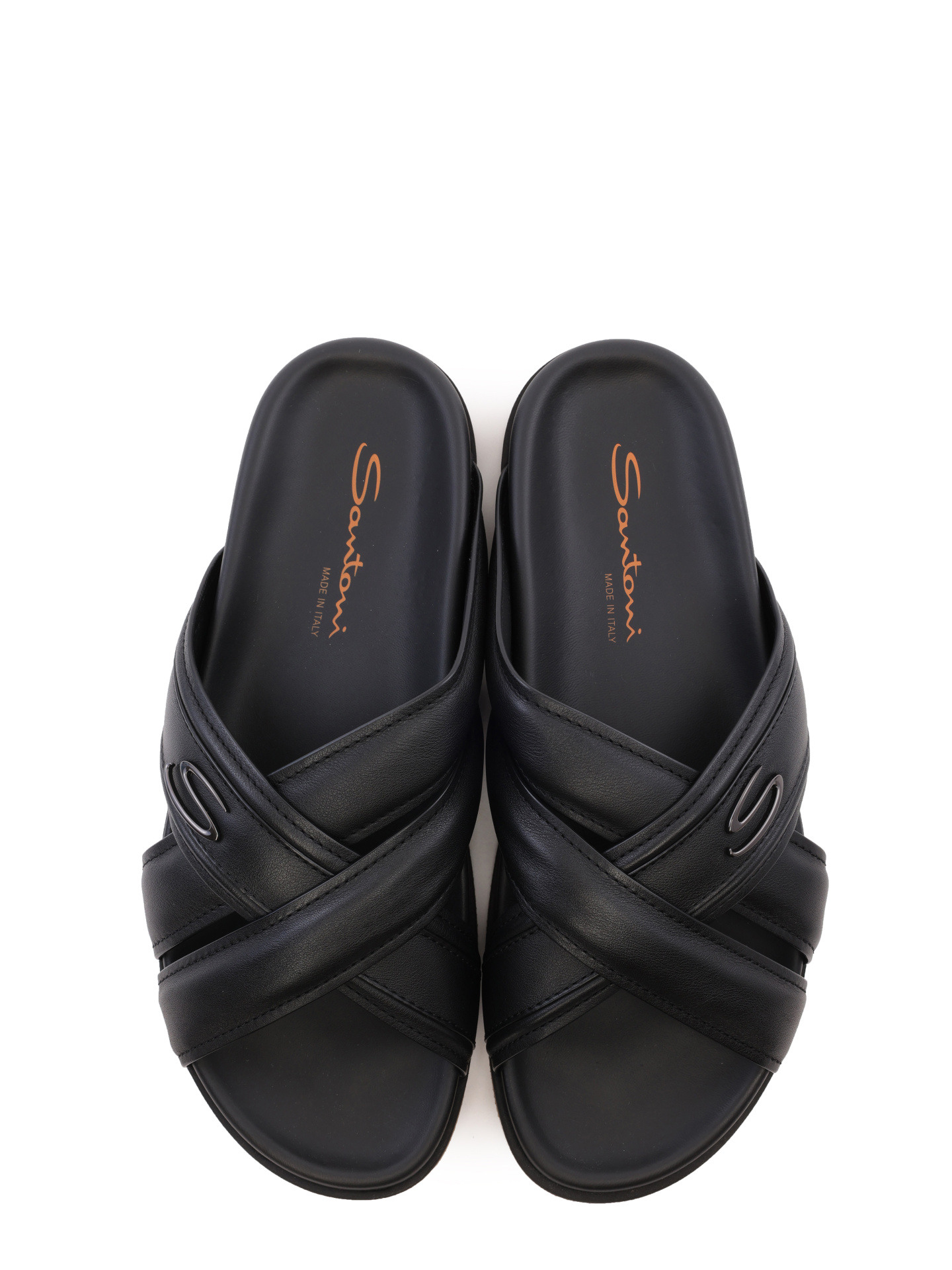 Шлепанцы черные кожаные с маленьким металлическим логотипом на перемычке — купить в интернет-магазине Verdistore