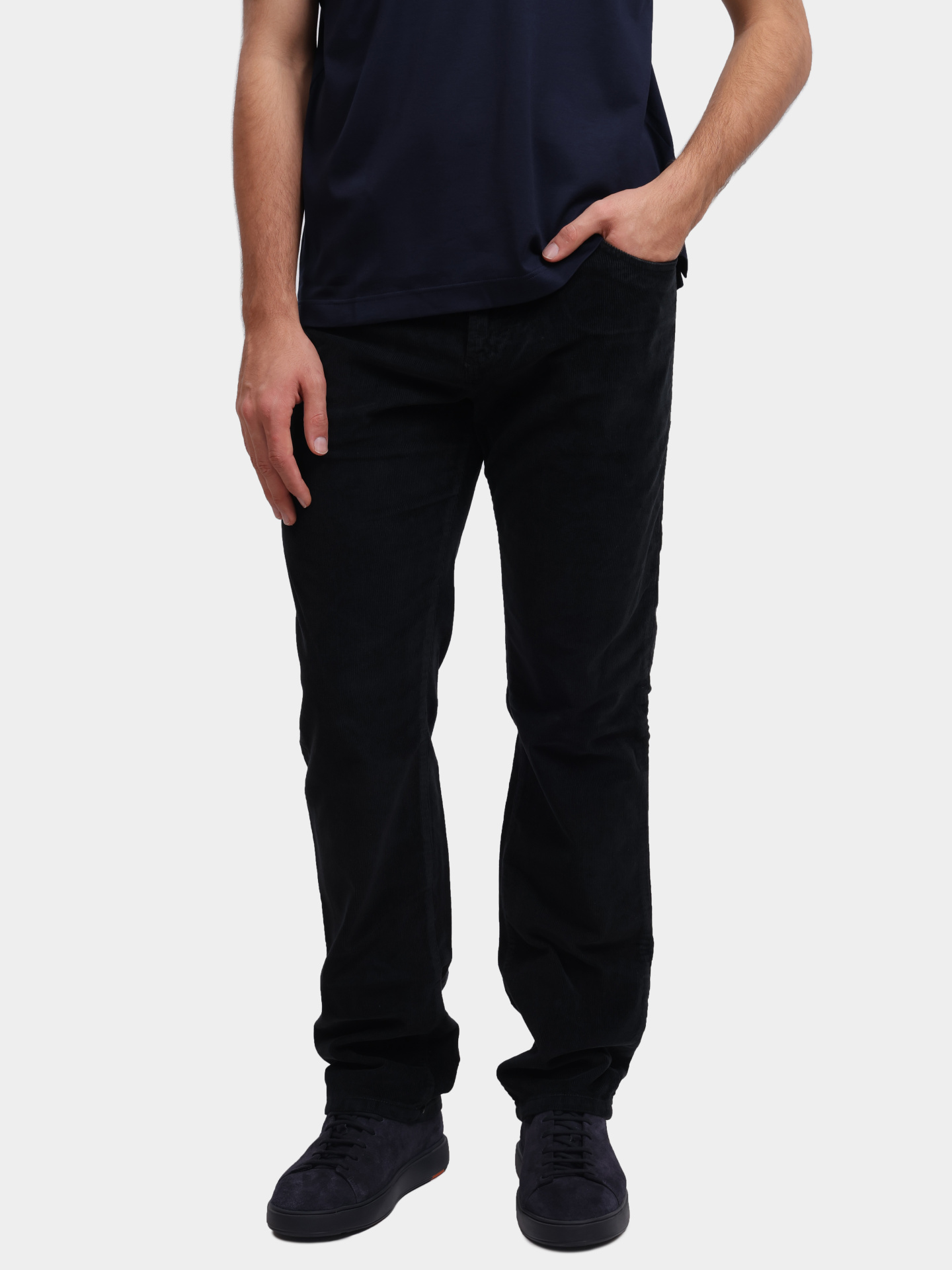 Брюки темно-синие хлопковые с поясом на пуговице — купить в интернет-магазине Verdistore