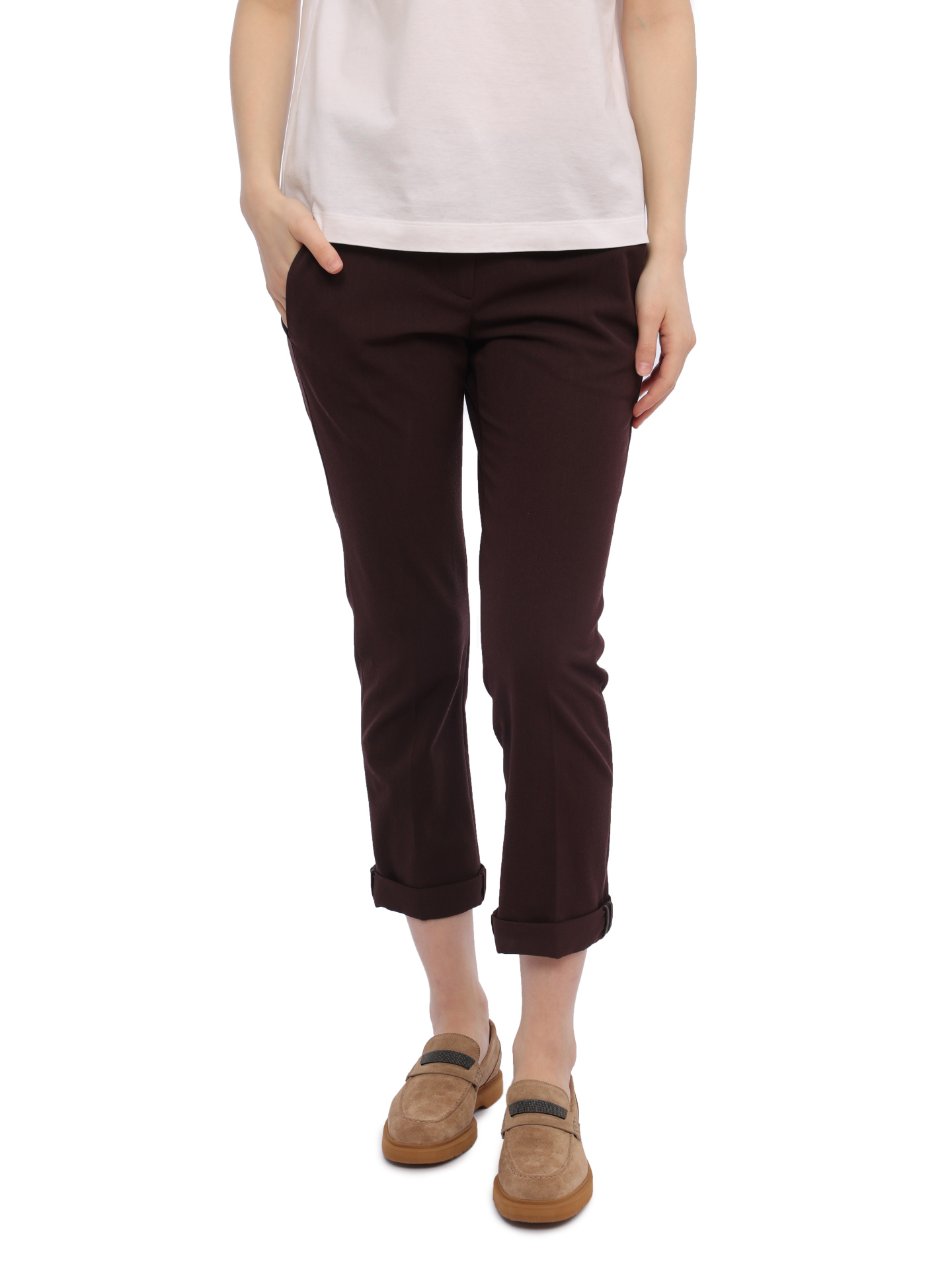 Брюки Brunello Cucinelli MA051P1837 бордовые женские из шерсти — купить в интернет-магазине Verdistore