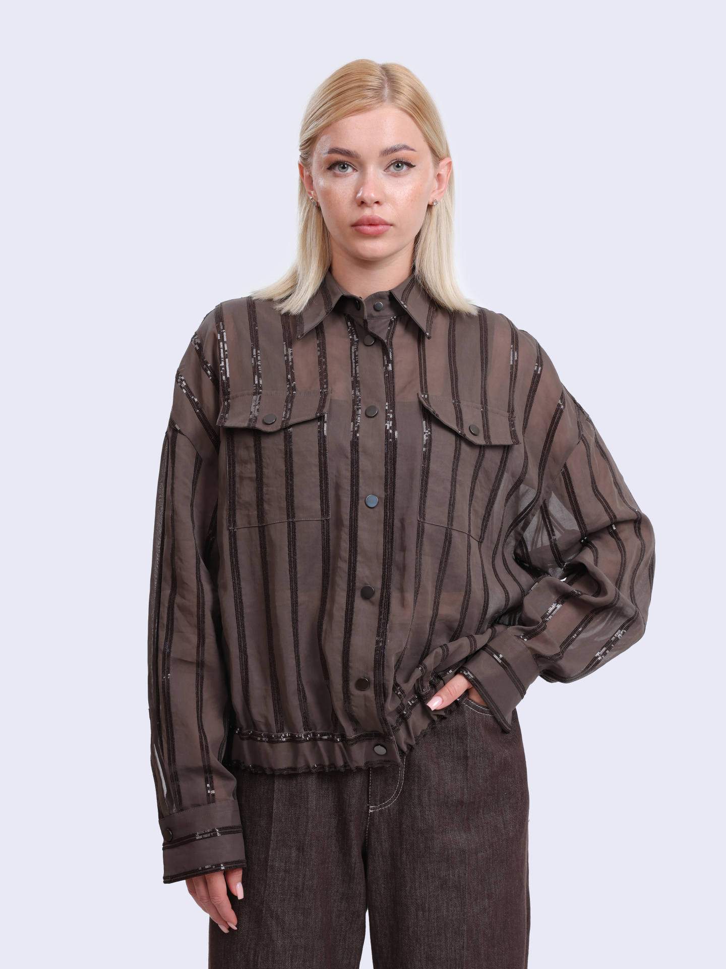 Рубашка Brunello Cucinelli MH911SO306 C8705 хлопковая женская с пайетками — купить в интернет-магазине Verdistore