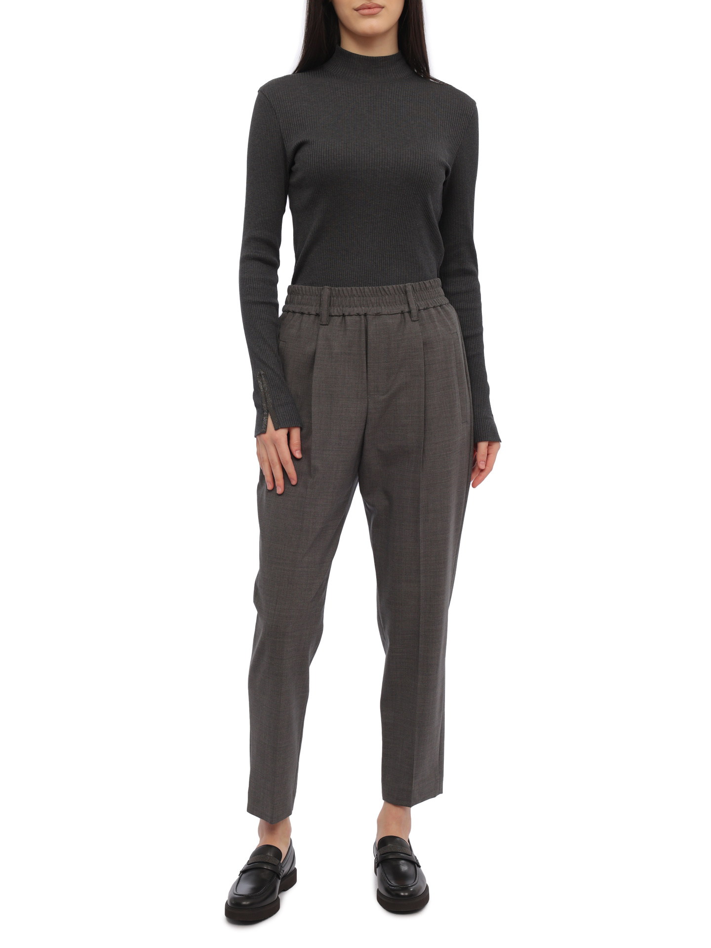 Брюки Brunello Cucinelli M0W07B1031 C010 серые женские из шерсти — купить в интернет-магазине Verdistore