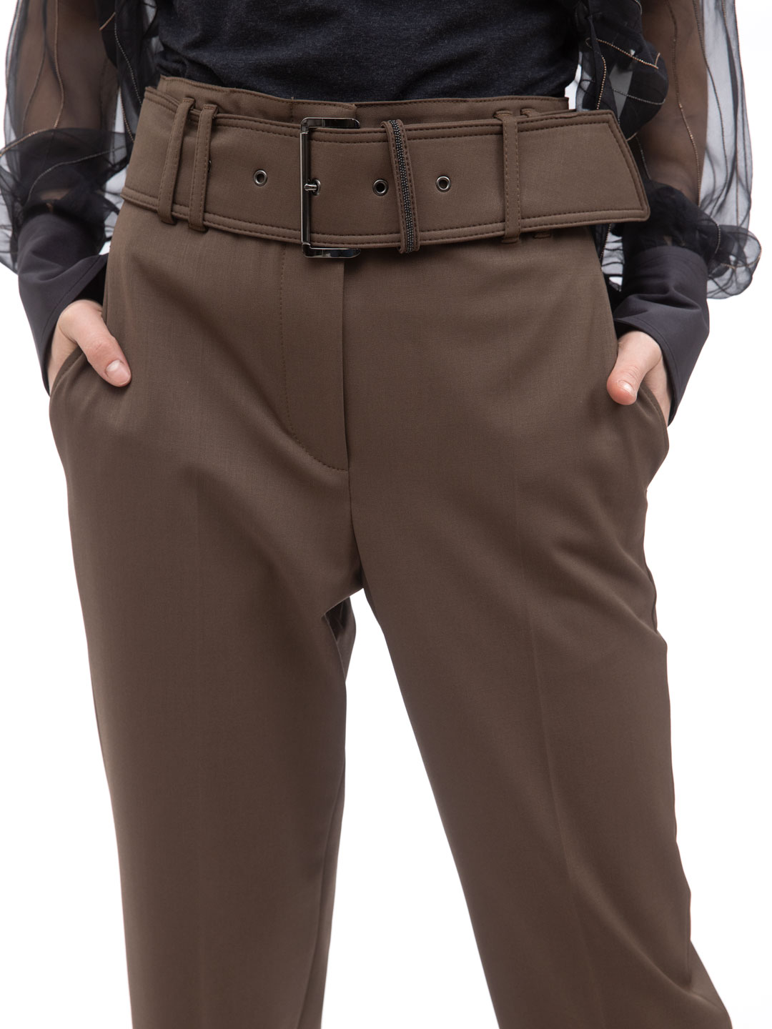 Брюки Brunello Cucinelli MB526P7383 C8504 коричневые женские с широким поясом — купить в интернет-магазине Verdistore