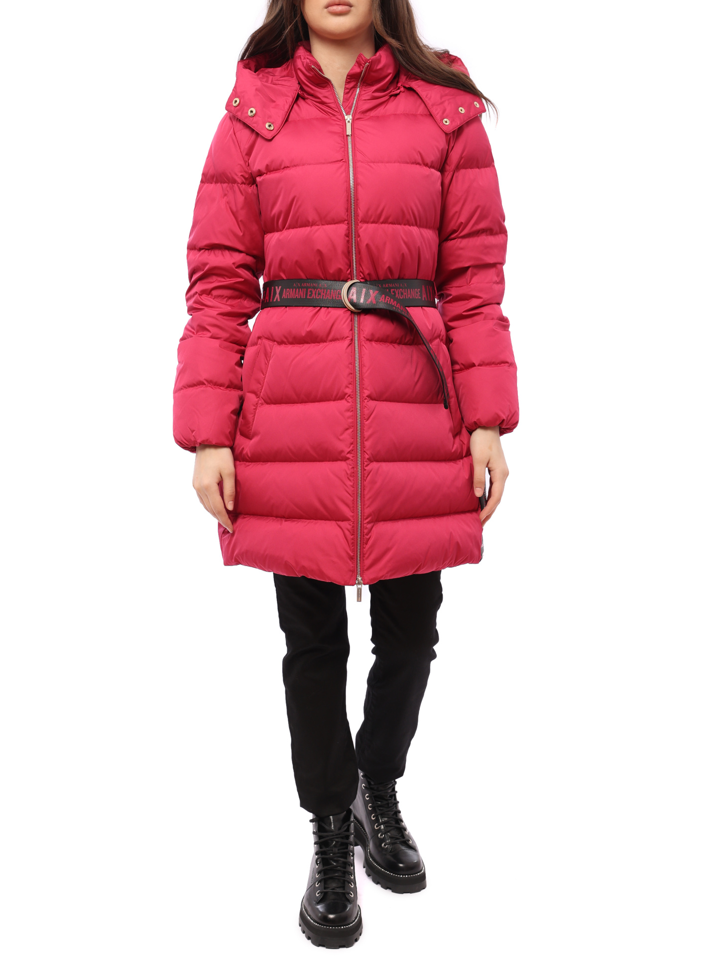 Пуховик Armani Exchange 6GYK09 фуксия женский с поясом — купить в интернет-магазине Verdistore