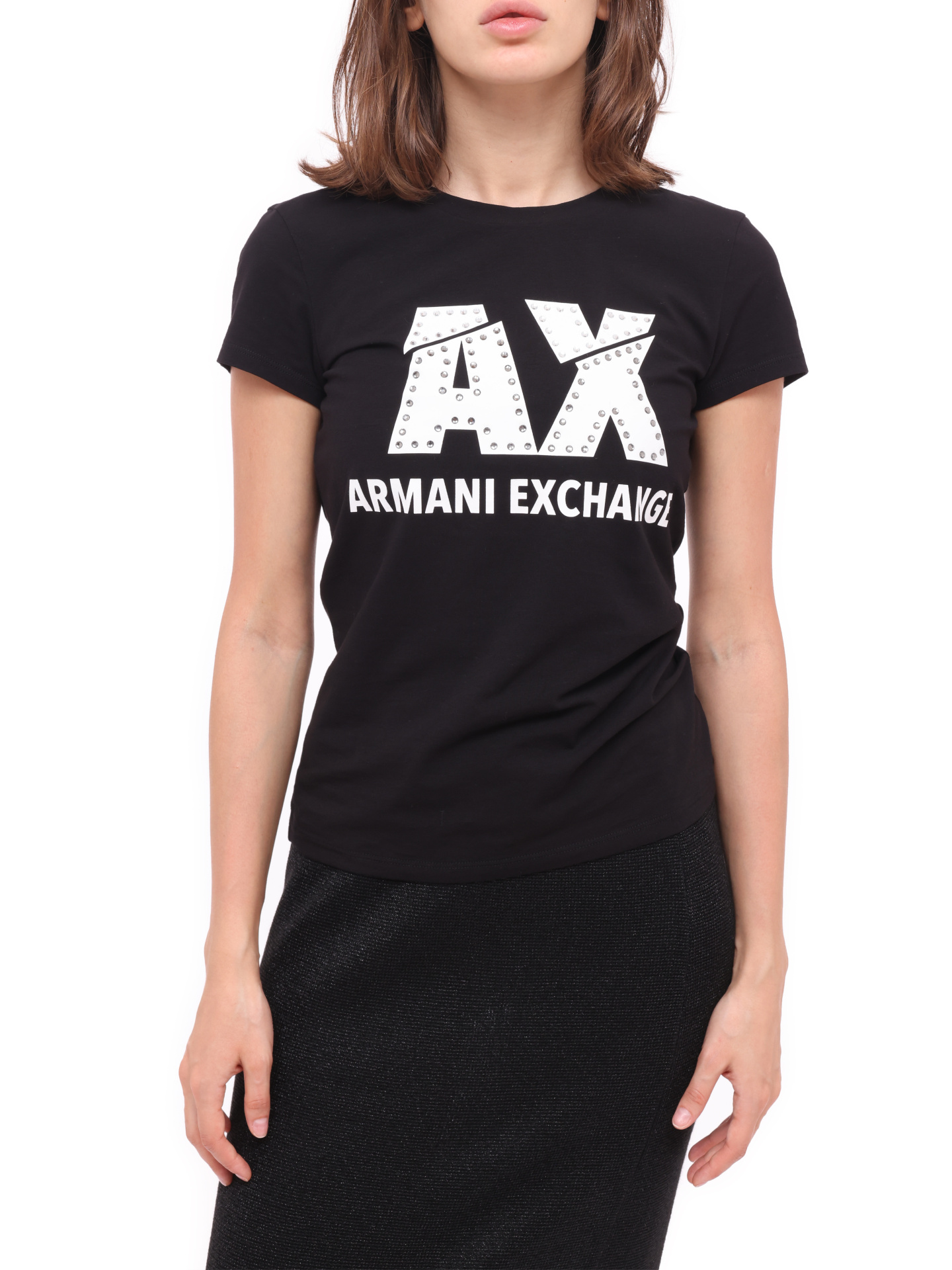 Футболка Armani Exchange 8NYT86 Y8C7Z 1200 черная женская со стразами — купить в интернет-магазине Verdistore
