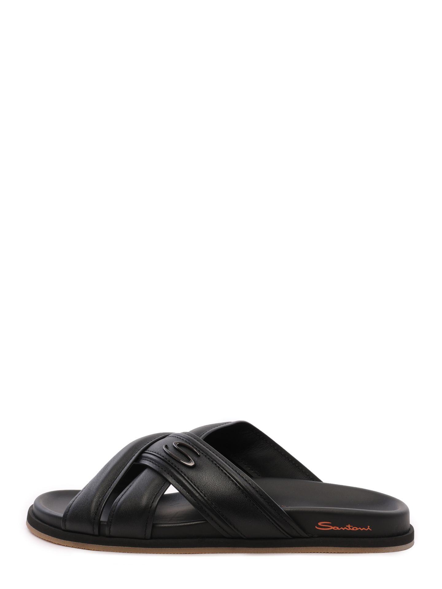 Шлепанцы черные кожаные с маленьким металлическим логотипом на перемычке — купить в интернет-магазине Verdistore