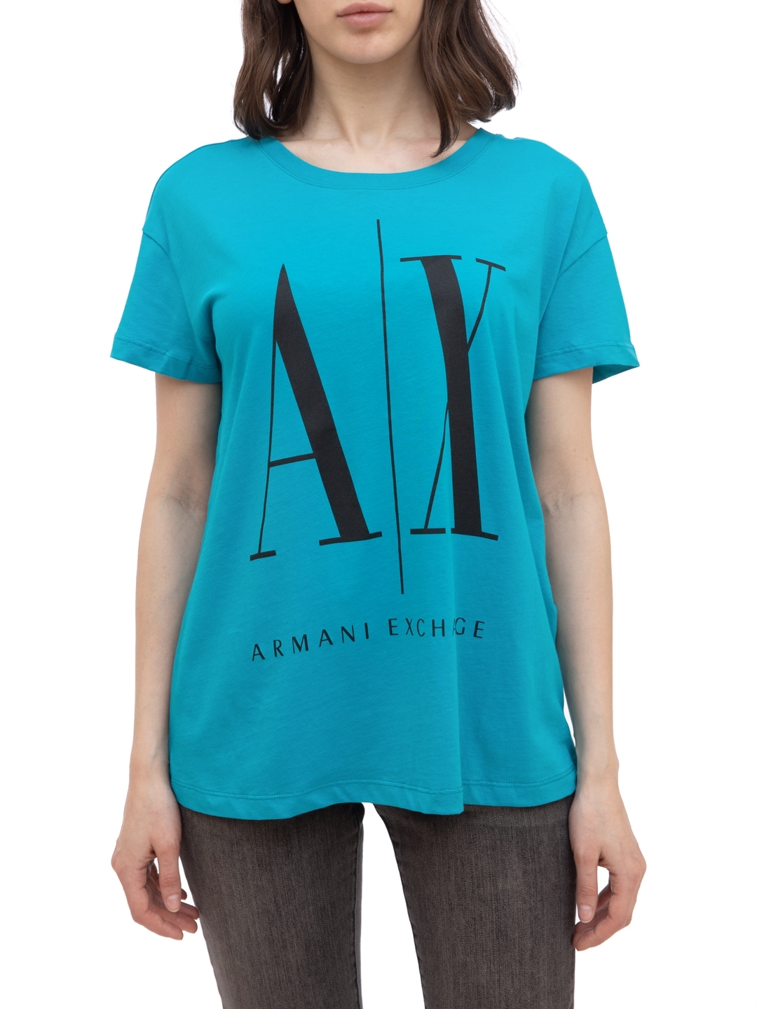Футболка Armani Exchange 8NYTCX YJG3Z 9581 бирюзовая женская с логотипом — купить в интернет-магазине Verdistore