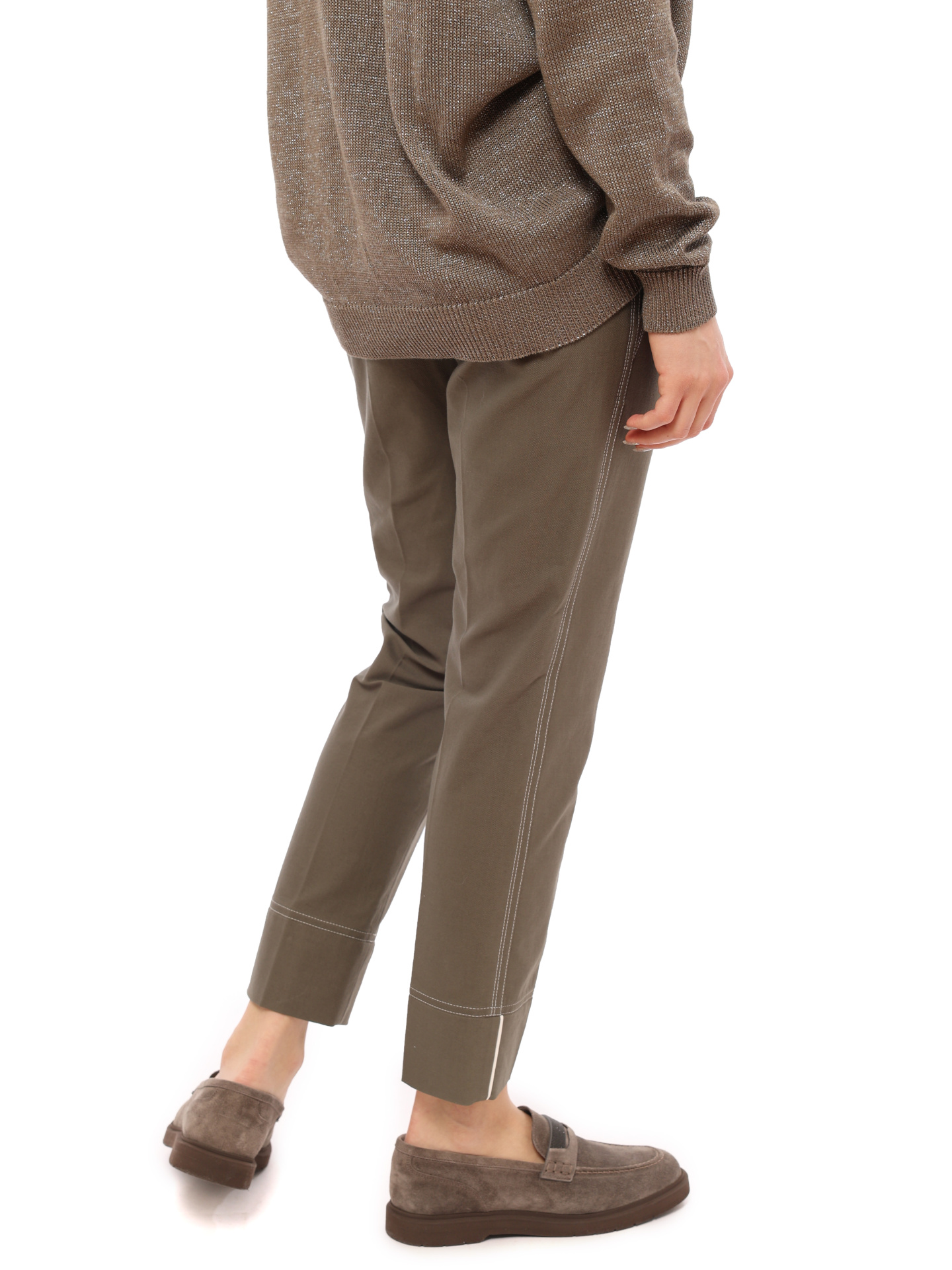 Брюки Brunello Cucinelli M0H40P6514 хаки женские с контрастной строчкой — купить в интернет-магазине Verdistore