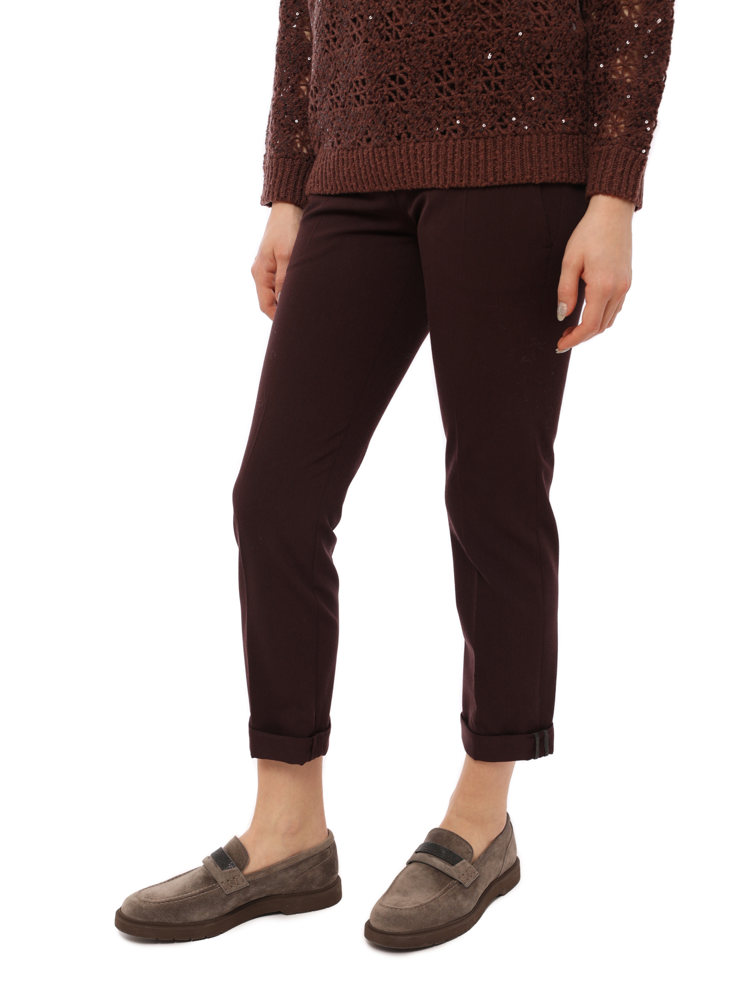 Брюки Brunello Cucinelli MA051P1837 C2858 бордовые женские из шерсти — купить в интернет-магазине Verdistore