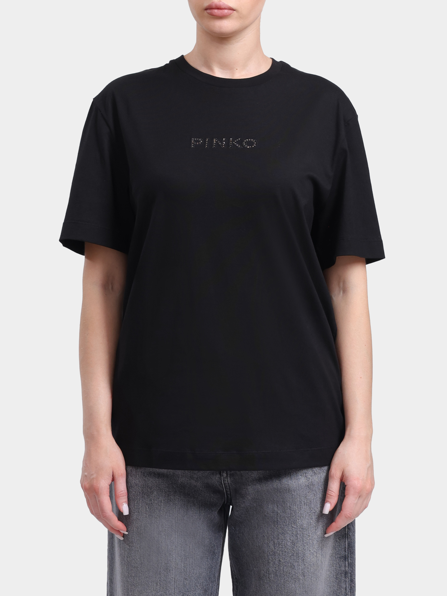 Футболка Pinko 105526 A33S Z99 черная женская с логотипом из страз — купить в интернет-магазине Verdistore