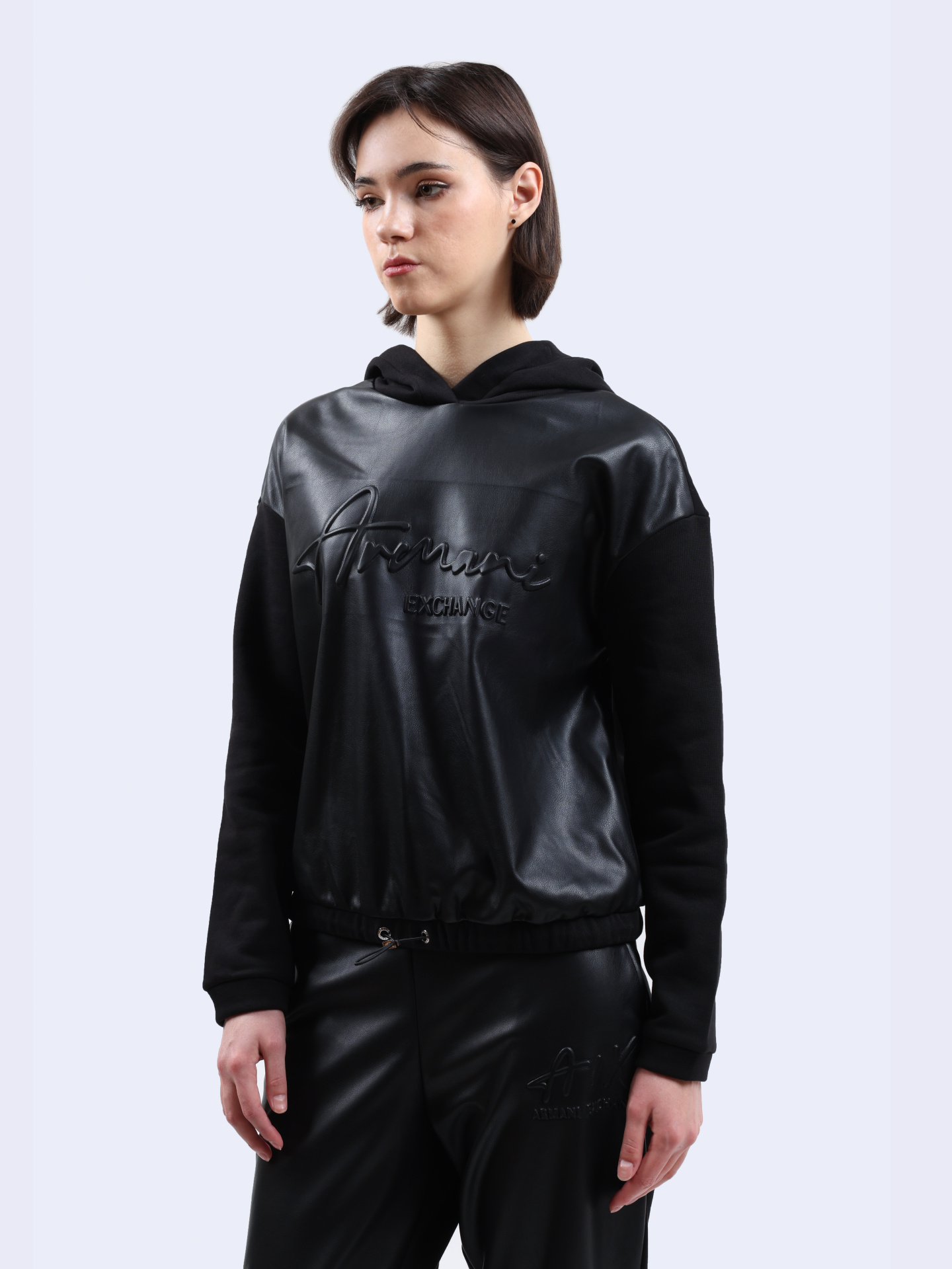 Худи Armani Exchange 6DYM91 YJFLZ 1200 черное женское с кожаной вставкой — купить в интернет-магазине Verdistore