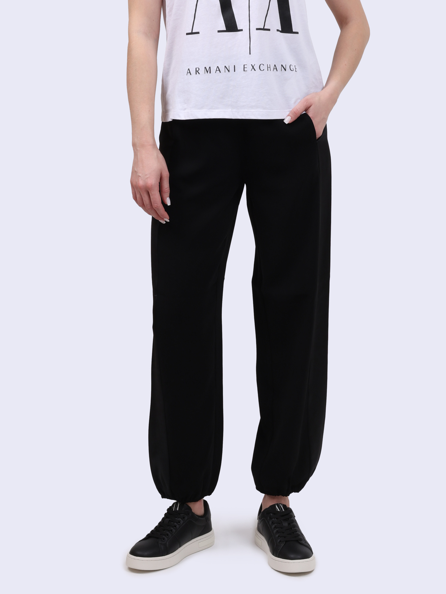 Брюки Armani Exchange 6DYP36 YN5YZ 1200 черные женские с атласными вставками — купить в интернет-магазине Verdistore