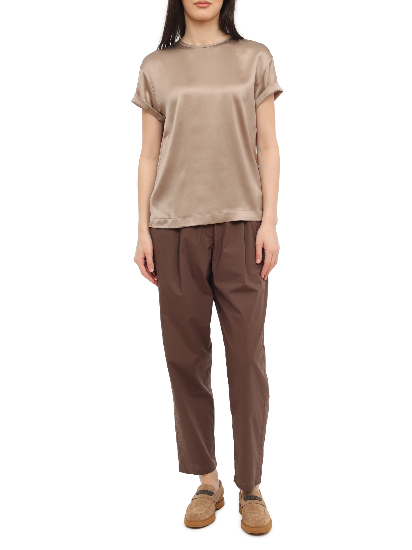 Брюки Brunello Cucinelli M0H93B1021 C8705 коричневые женские из хлопка — купить в интернет-магазине Verdistore