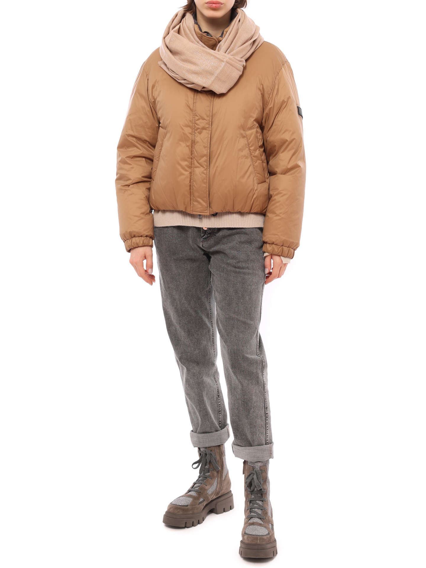Пуховик Brunello Cucinelli MR4052799 C6508 коричневый женский укороченный — купить в интернет-магазине Verdistore