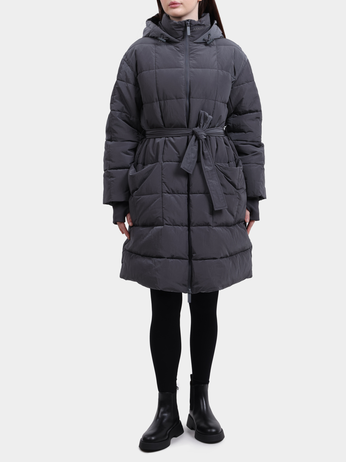 Пуховик Armani Exchange AF16207 U8105 серый женский с поясом — купить в интернет-магазине Verdistore
