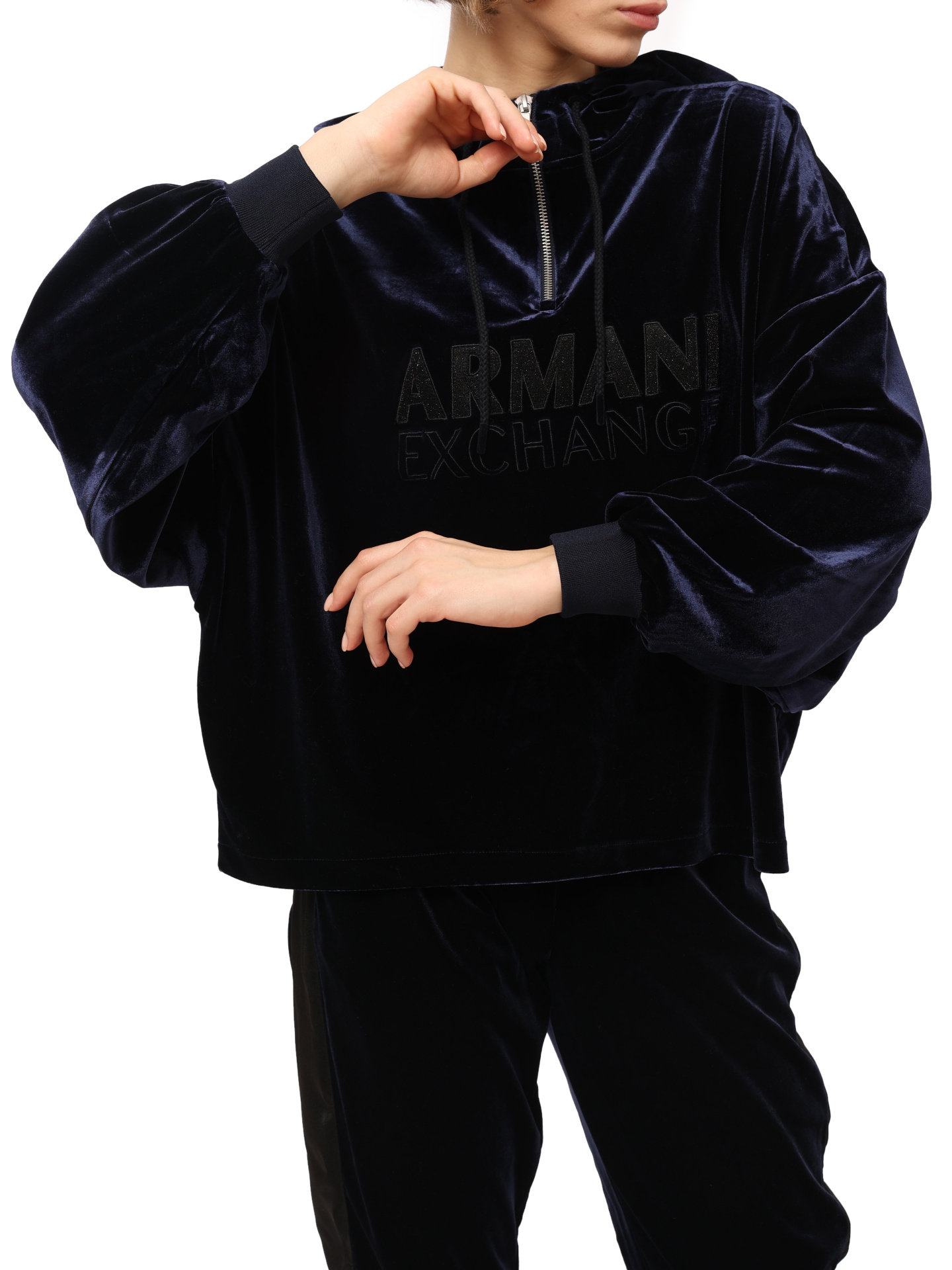 Худи Armani Exchange 6LYM11 YJ9WZ 1593 темно-синее женское из бархата — купить в интернет-магазине Verdistore