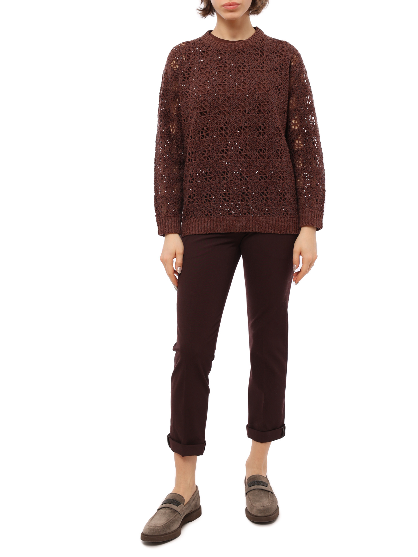 Брюки Brunello Cucinelli MA051P1837 C2858 бордовые женские из шерсти — купить в интернет-магазине Verdistore