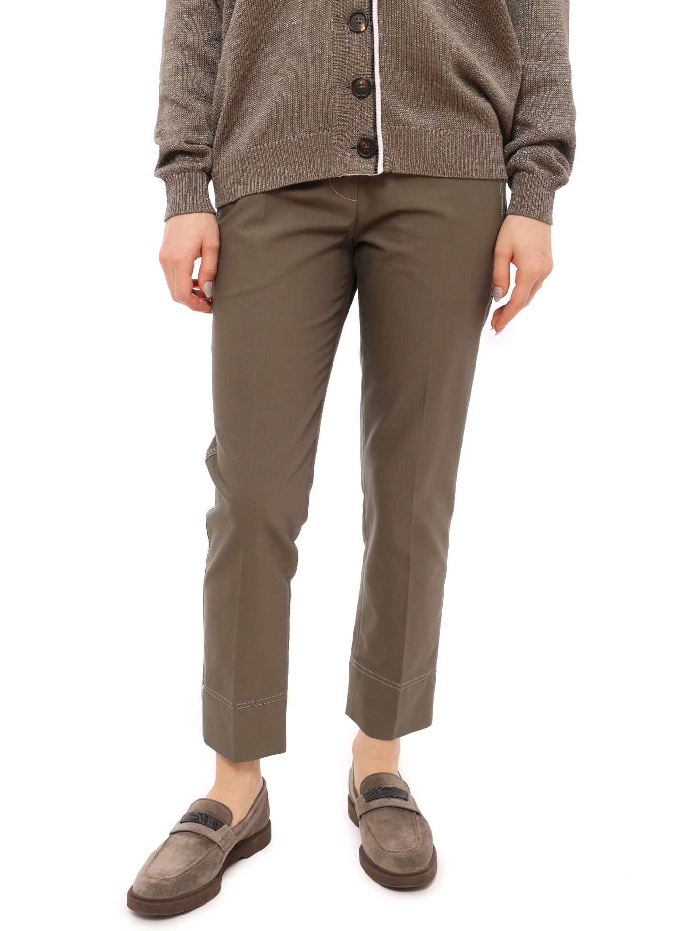 Брюки Brunello Cucinelli M0H40P6514 хаки женские с контрастной строчкой — купить в интернет-магазине Verdistore