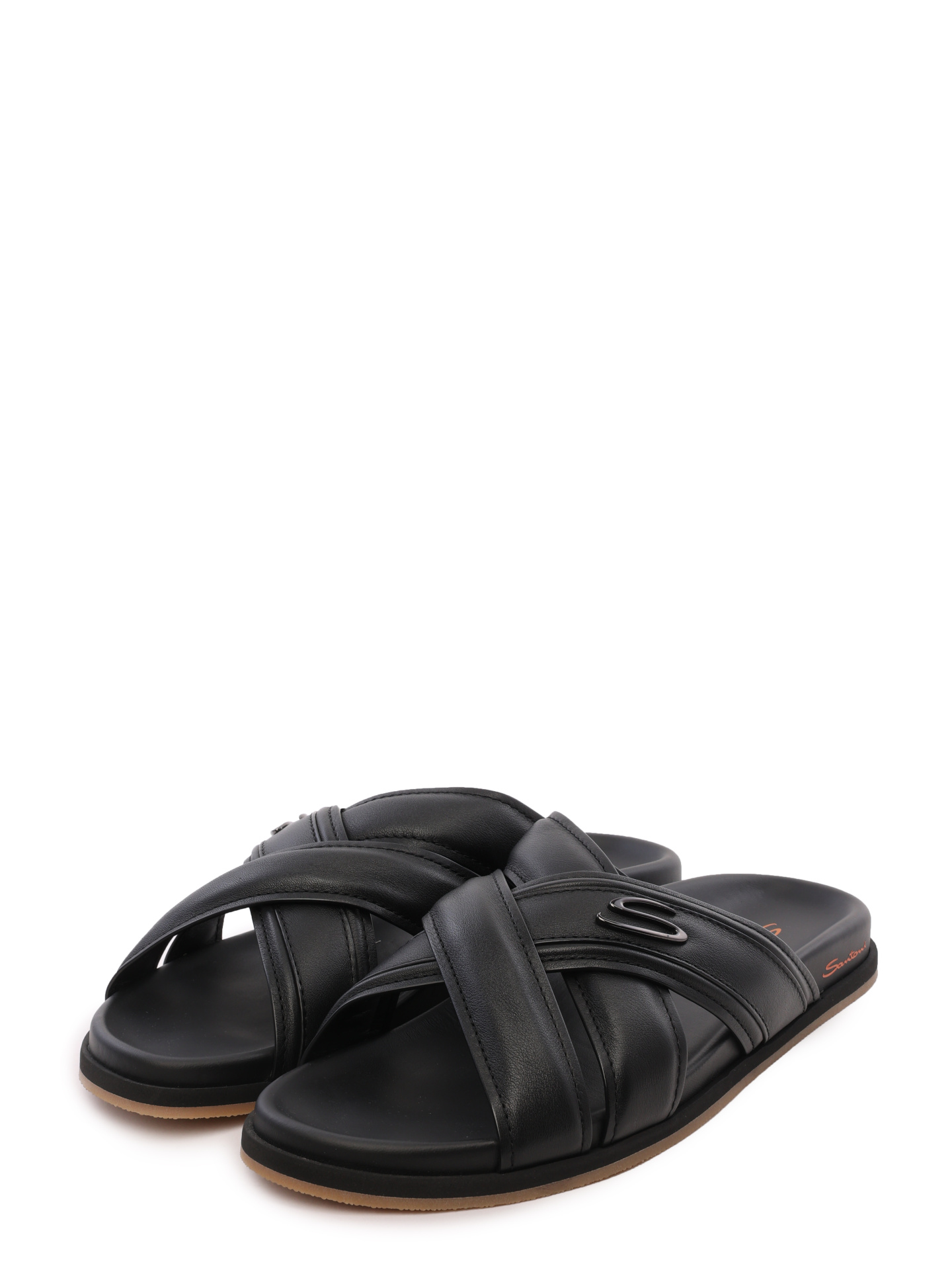 Шлепанцы черные кожаные с маленьким металлическим логотипом на перемычке — купить в интернет-магазине Verdistore