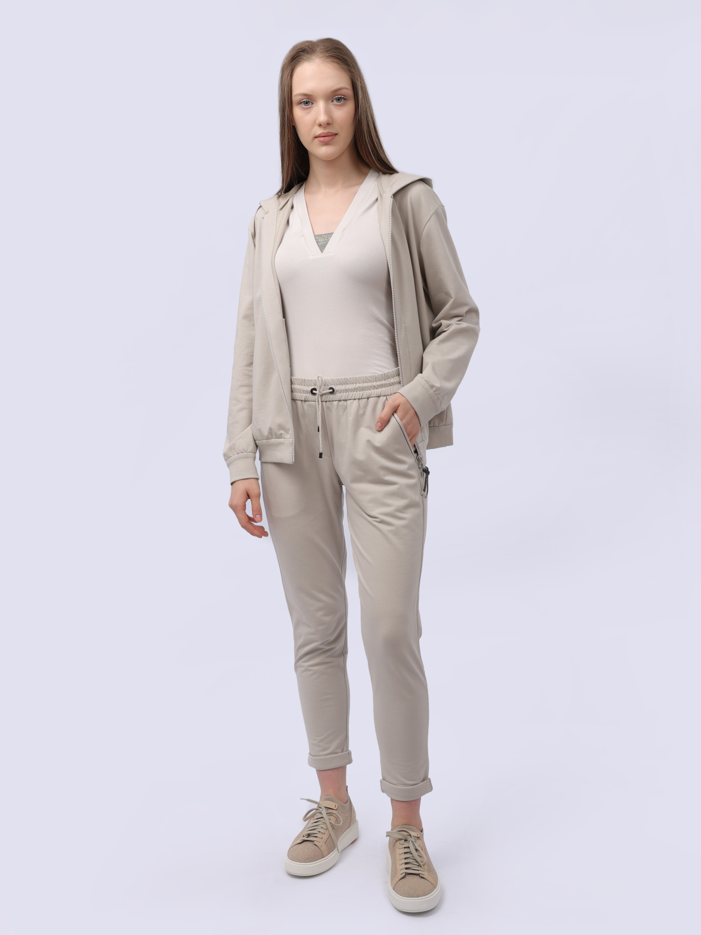 Брюки Brunello Cucinelli MH827SA399 С9593 бежевые женские с подворотами — купить в интернет-магазине Verdistore