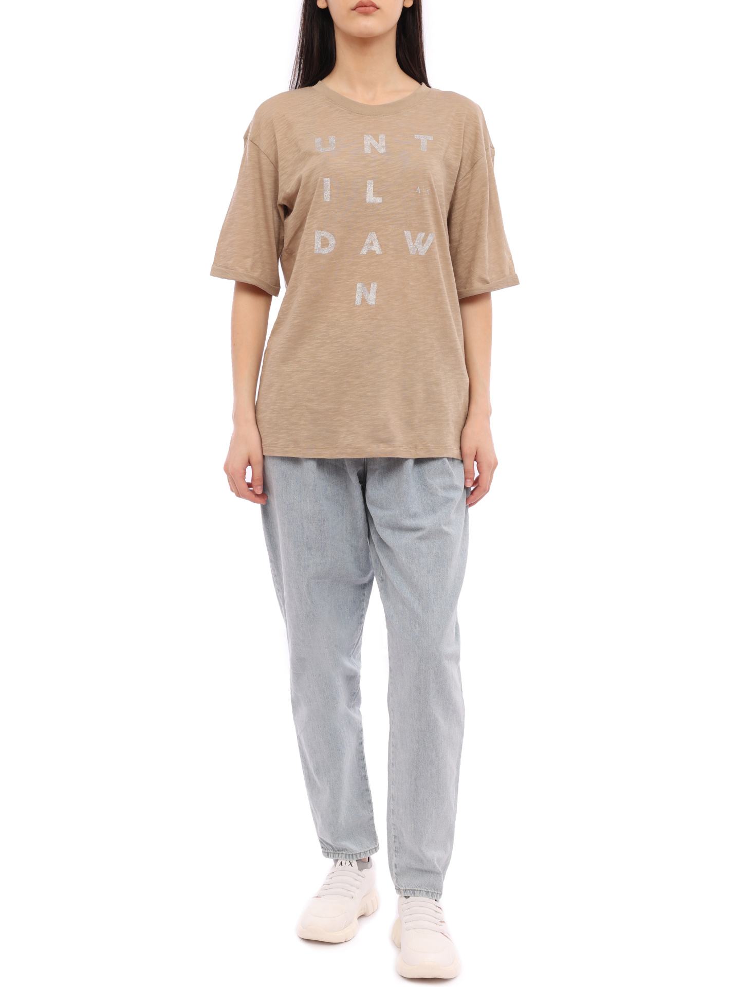 Футболка Armani Exchange 3RYTFG YJ2XZ 1780 светло-коричневая женская с принтом — купить в интернет-магазине Verdistore