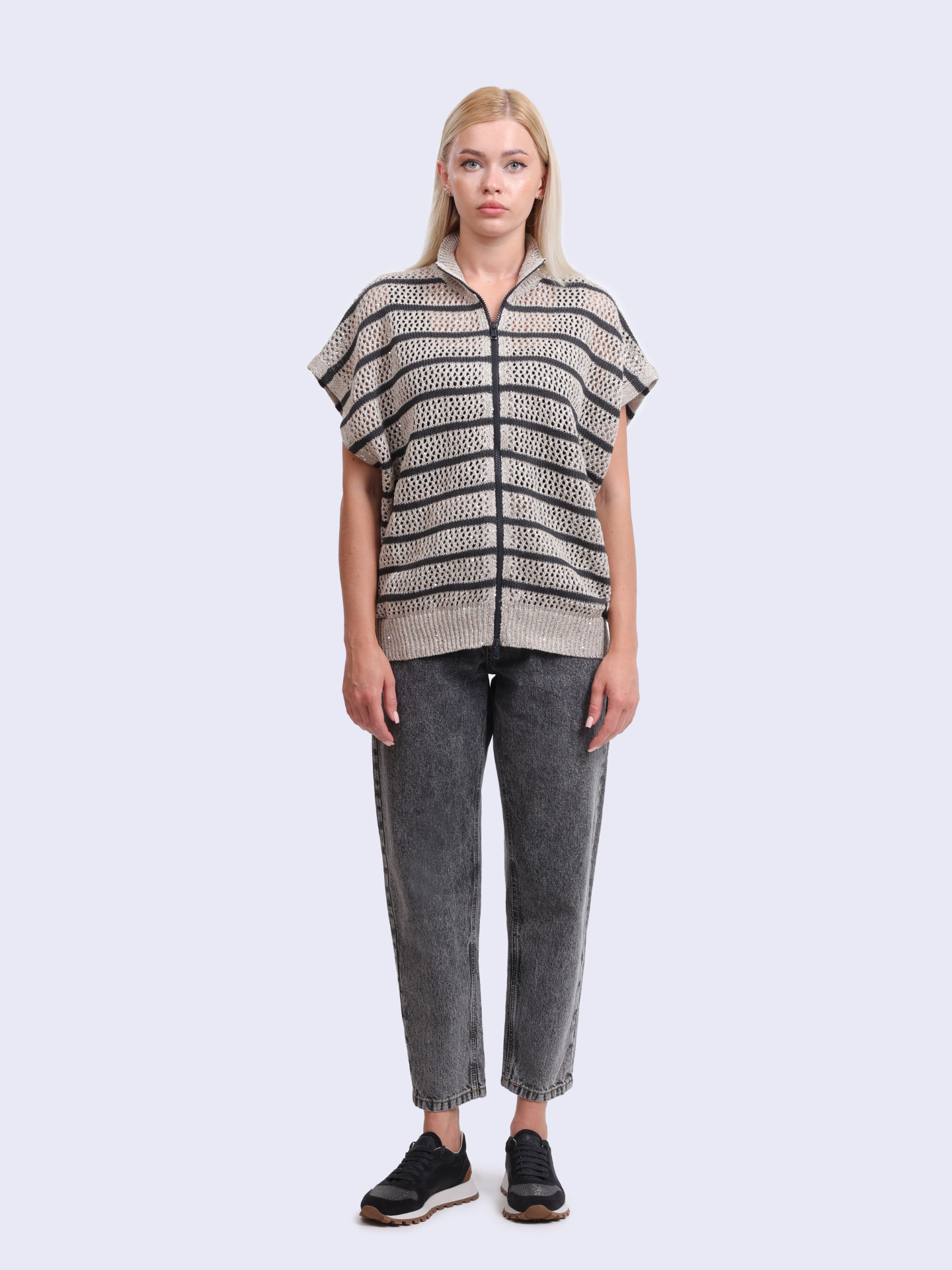 Кардиган Brunello Cucinelli MCO558916 CHI53 полосатый женский изо льна — купить в интернет-магазине Verdistore