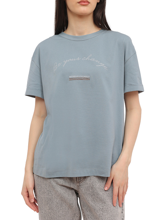 Футболка Brunello Cucinelli M0A45BE800 C8649 голубая женская из хлопка — купить в интернет-магазине Verdistore