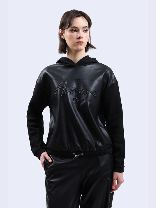 Худи Armani Exchange 6DYM91 YJFLZ 1200 черное женское с кожаной вставкой — купить в интернет-магазине Verdistore