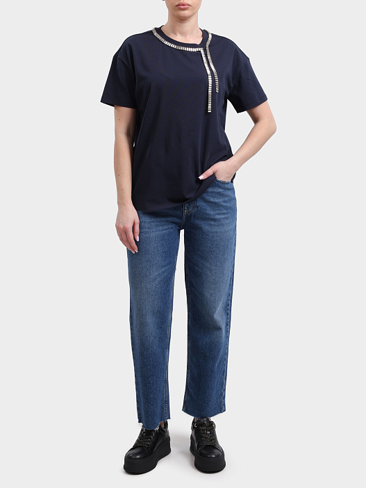 Футболка Liu-Jo BLACK LABEL CA6167 JS088 P9583 темно-синяя женская украшенная стразами — купить в интернет-магазине Verdistore