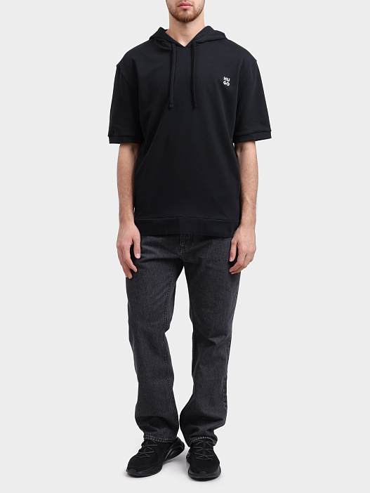 Худи HUGO RED DEVON_HOODED T-SHIRT 10262201 01 50540164 001 черная мужская с коротким рукавом  — купить в интернет-магазине Verdistore